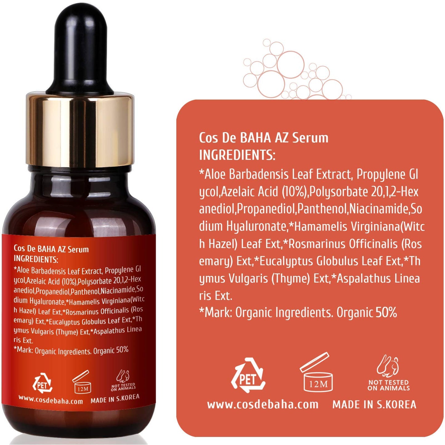 Cos De BAHA Sérum facial de ácido azelaico 10% con niacinamida, para el cuidado de la piel de rosácea, de cicatriz de acné quístico - 1 oz, 30 ml