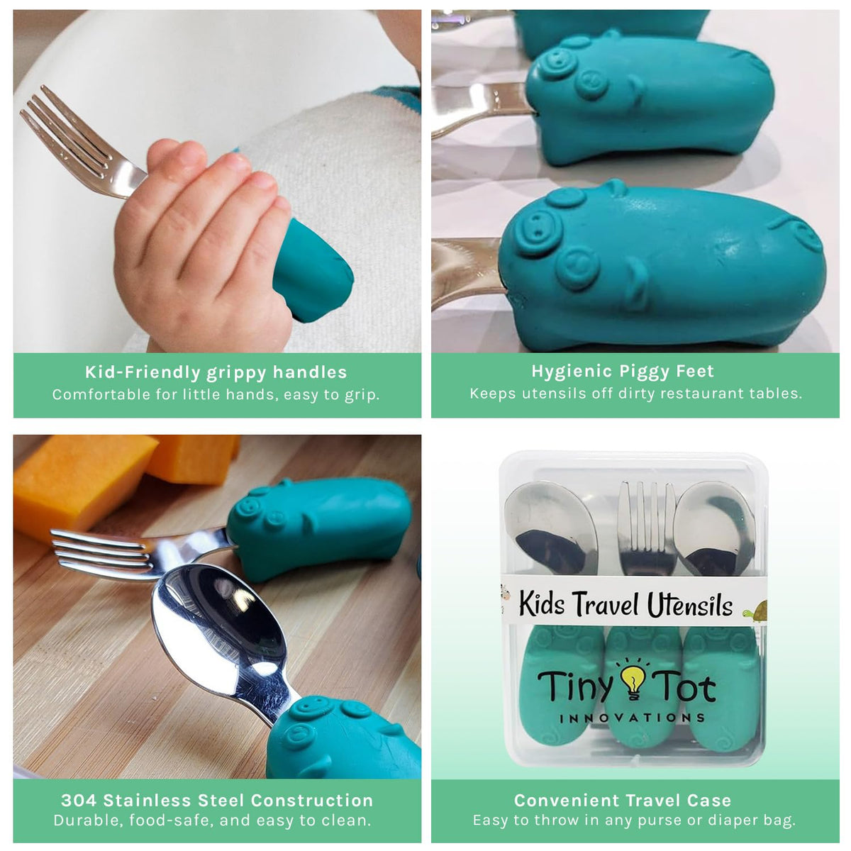 Juego de utensilios de viaje para niños con práctica funda de transporte. Incluye tenedor, cuchara universal y cuchara ergonómica para diestros. Asas de fácil agarre, utensilios de acero inoxidable