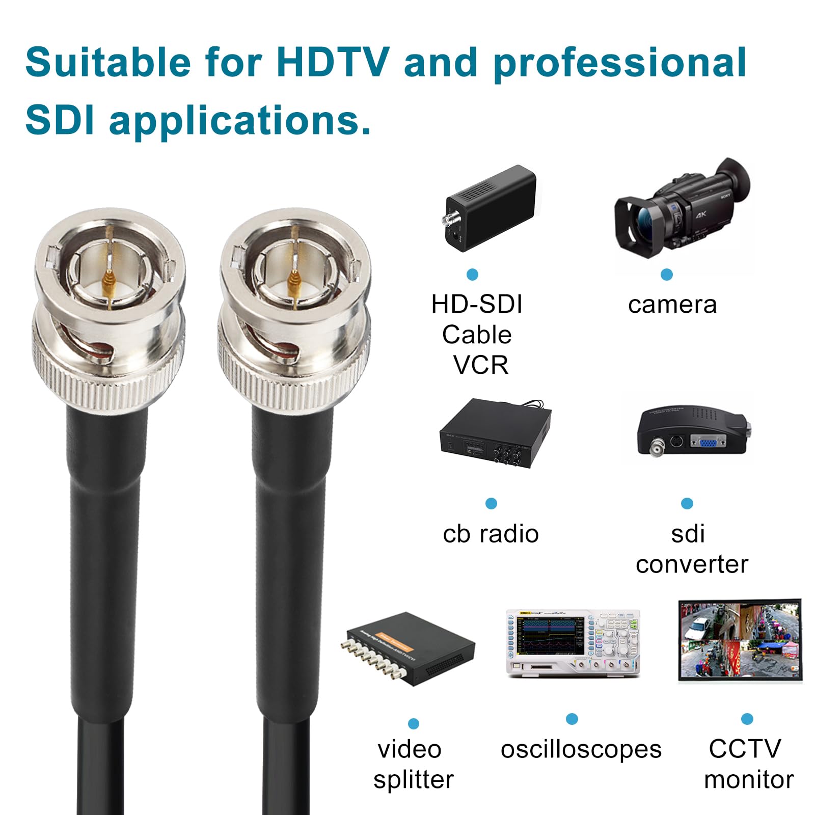 XRDS -RF Cables SDI 12G de 250 pies, Cables de Video SDI 3G/6G/12G 75ohm Cable Macho BNC Compatible con HD-SDI/3G/6G-SDI/4K/8K para Cámara de Seguridad de Video Convertidor SDI