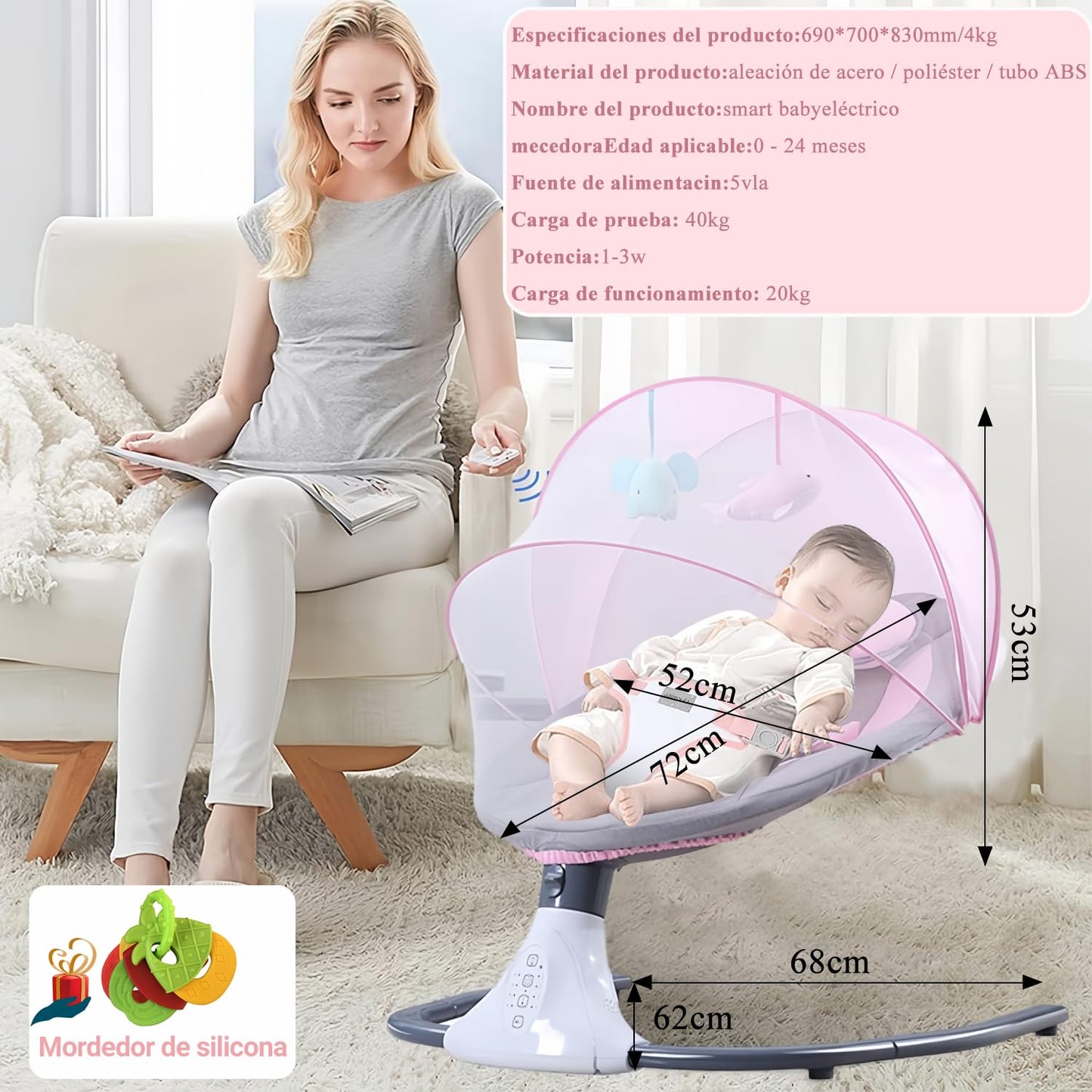 Mecedora Eléctrica AMIARYA Rosa con Mando a Distancia y Bluetooth para Bebé