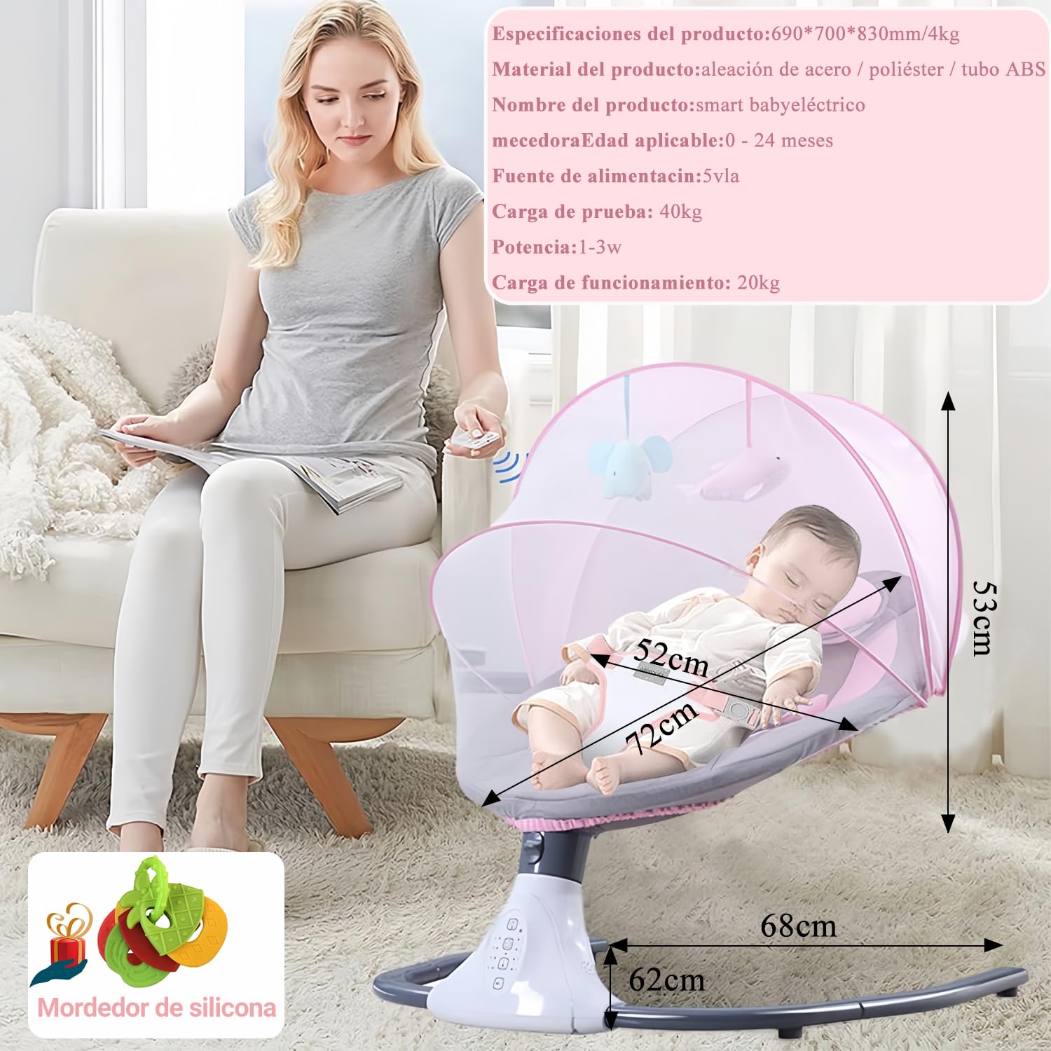 Mecedora Eléctrica PERFECTOP Rosa con Mando a Distancia y Bluetooth para Bebé