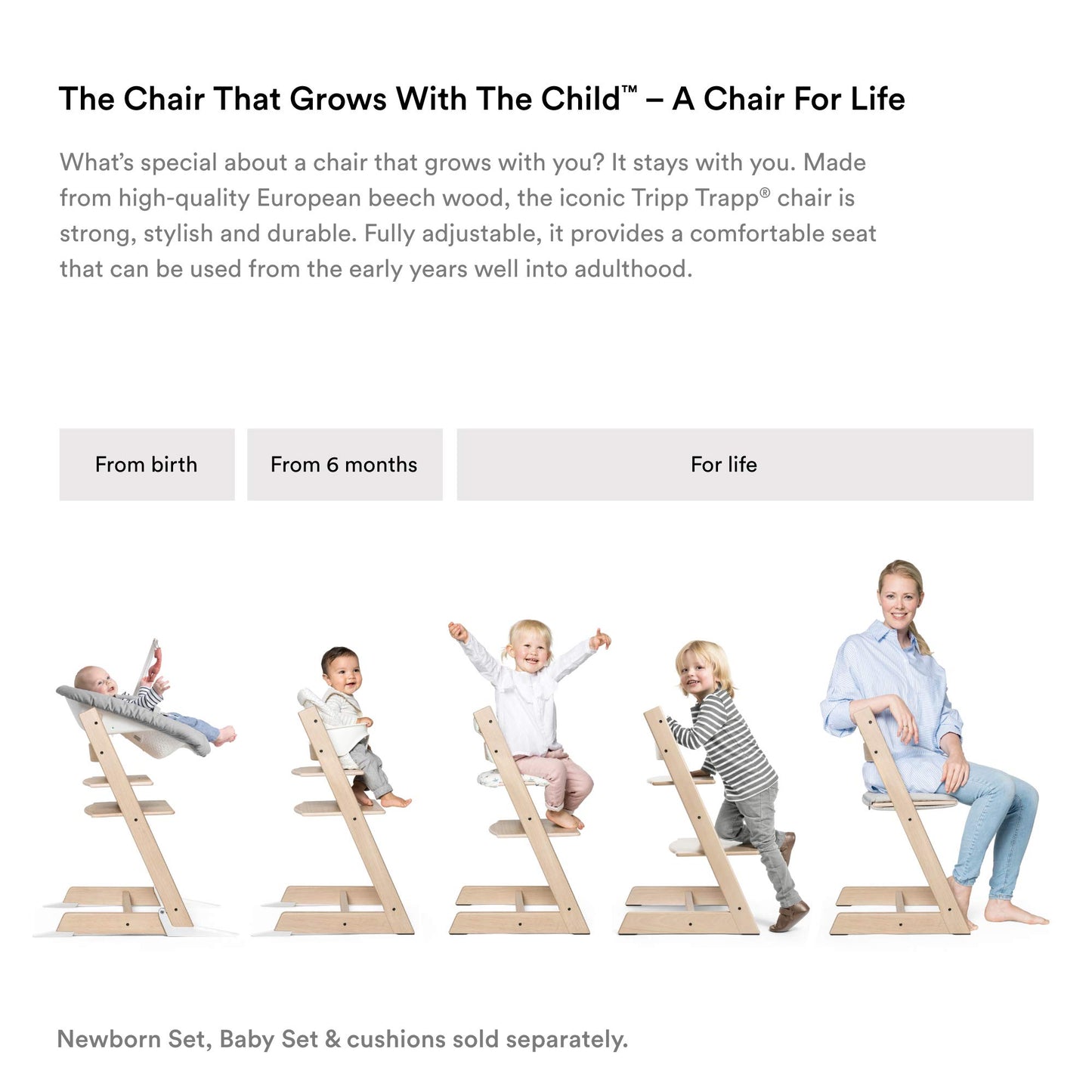 Silla Tripp Trapp de Stokke, Silla ajustable, evolutiva para recién nacidos, niños y adultos - Práctica, cómoda y ergonómica - Diseño atemporal (Fresno Natural)