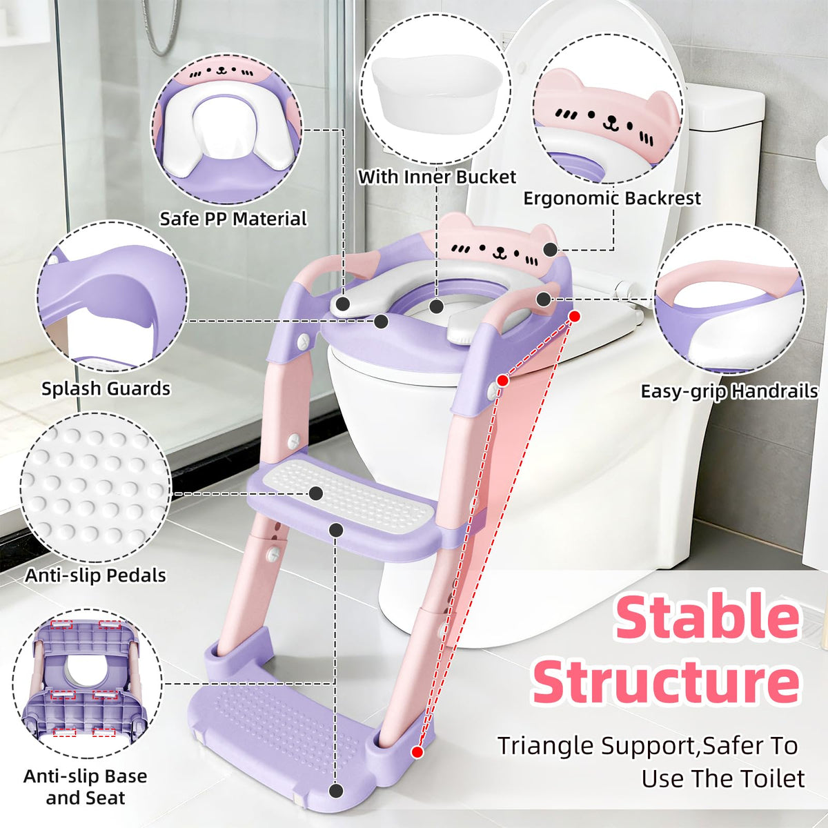 Asiento de entrenamiento para ir al baño, asiento de inodoro para niños y niñas, inodoro 3 en 1 con taburete de escalón, antideslizante plegable (morado + rosa)