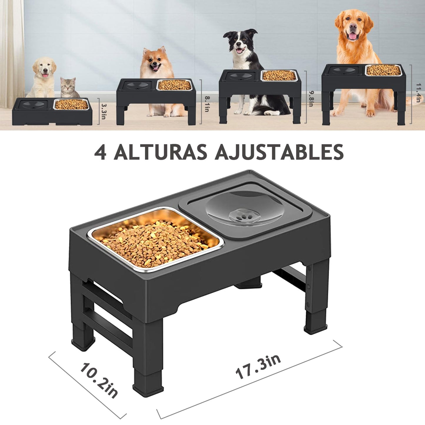 LGNATIUS Cuencos elevados para Perro,Cuencos elevados para Perros Grandes,4 Alturas Ajustables,Plegable,Cuenco de Acero Inoxidable para Agua y Comida,Apto para Perros Grandes, medianos y pequeños.