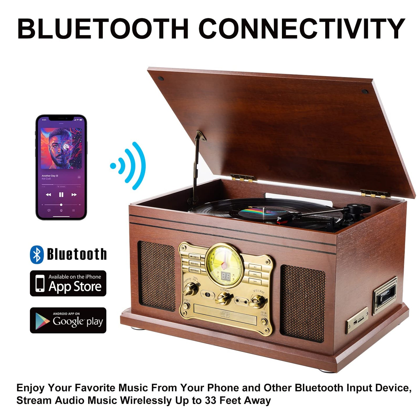 Kedok Tocadiscos Bluetooth de Vinilo con Altavoces estéreo, Convertidor de Vinilo LP a MP3 con CD, Reproductor de Casete,Radio FM,Entrada Auxiliar y Tomas de Auriculares