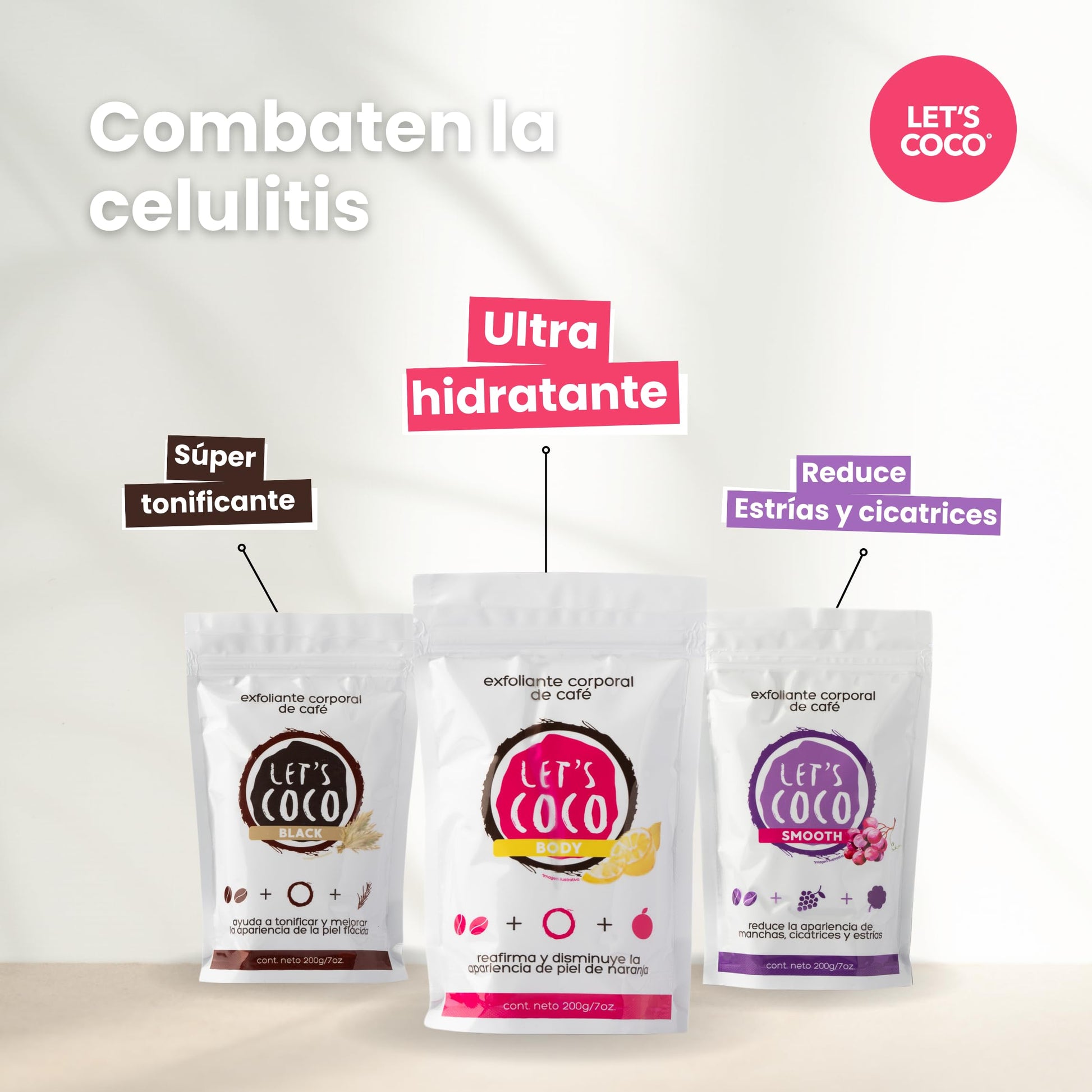 LET'S COCO | Exfoliante Corporal Anti estrías y cicatrices. Let’s Coco Smooth - Exfoliante de Café, Para Uso en Todo el Cuerpo - Contenido Neto 200 Gr – 7 Oz