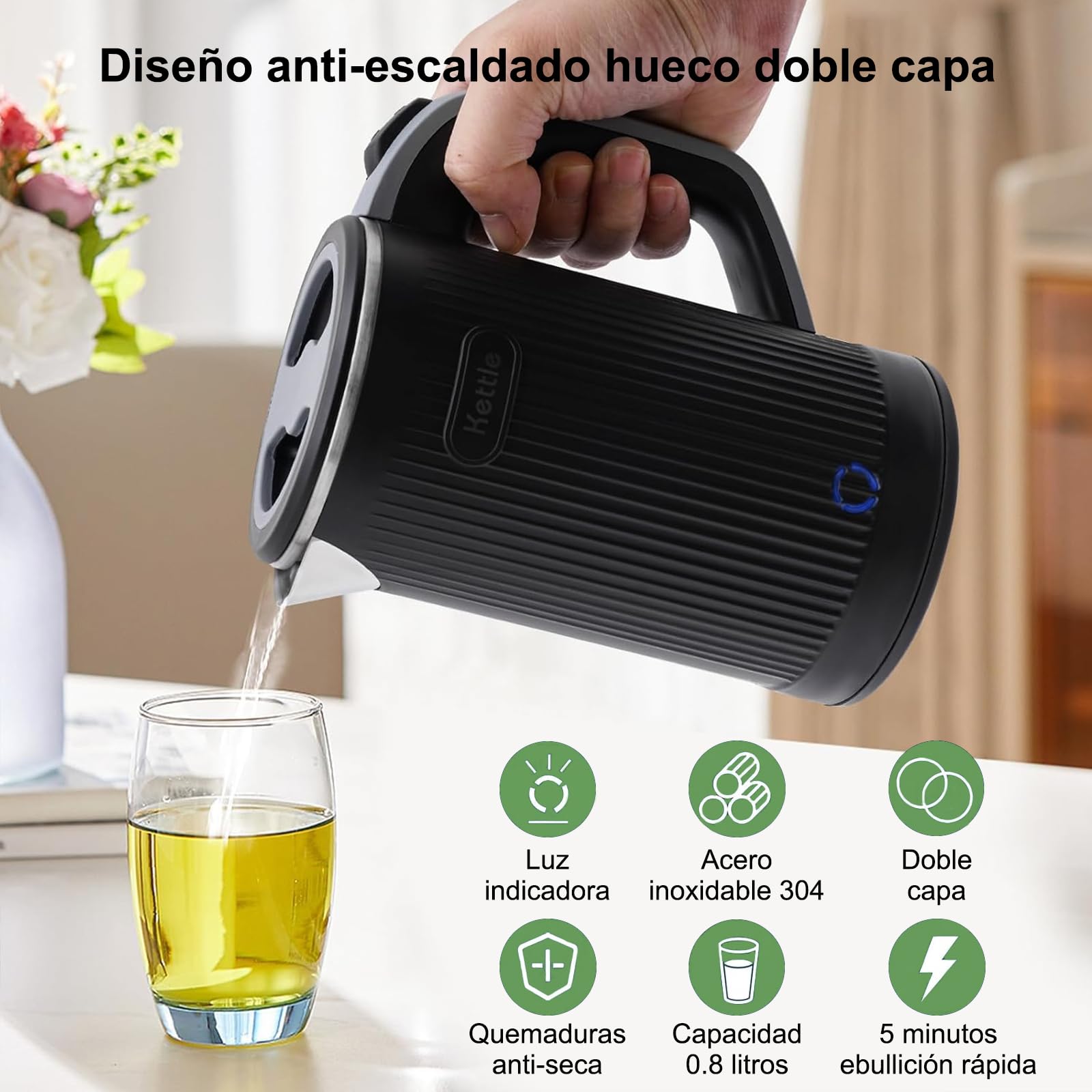 Tetera Electrica RYEWGRV Negro Acero Inoxidable Portátil 0.8 L 600 W