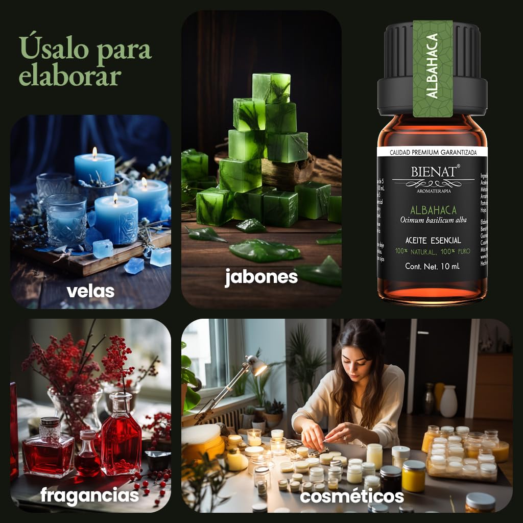 BIENAT AROMATERAPIA Aceite Esencial de Albahaca 10mL | 100% Puro y Concentrado | Ideal para Difusor de Aromas, Humidificador, Aromaterapia, Masajes, Meditación, Jabones y Velas | Esencia Natural en Gotas