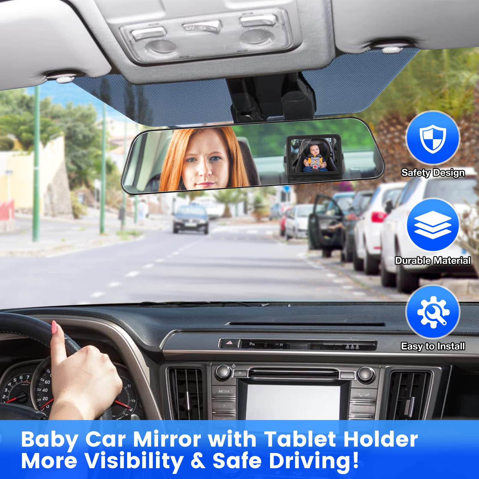 Brislut - Espejo de coche para bebé con soporte ajustable para tabletas, artículos esenciales de viaje por carretera para niños, espejo del asiento trasero para ver la parte trasera del bebé, funda