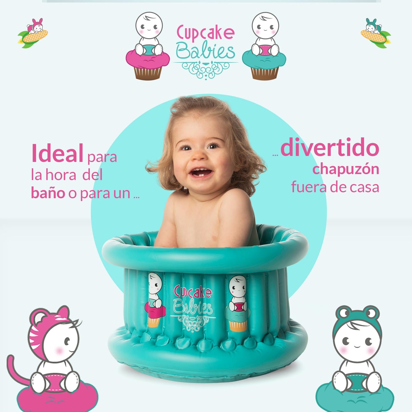 Cupcake Babies Set Especial de Bañera para Bebe Inflable Turquesa | Navidad | Ideal para Regalos Navideños Recién Nacidos hasta 12 Meses | Incluye Toalla, Bolso de Viaje, Pato de Juguete y Compresor