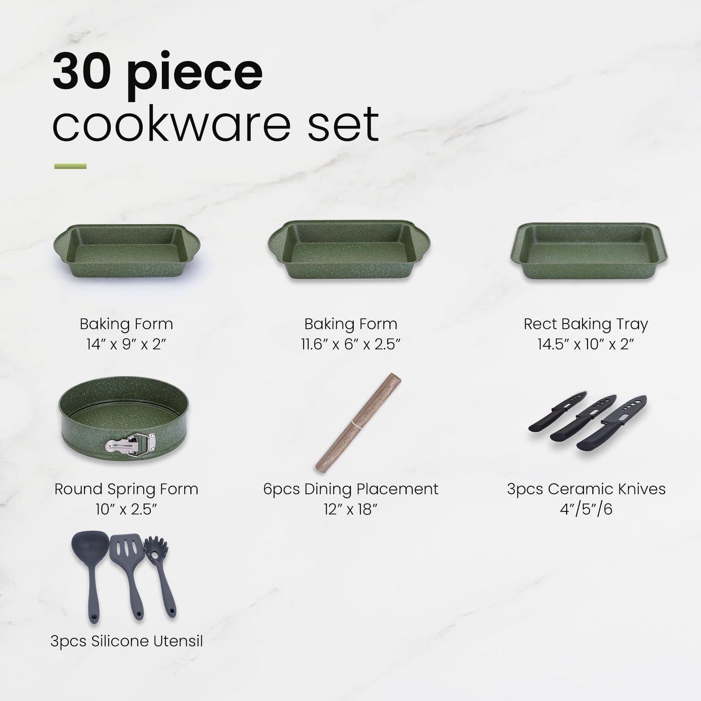 Kitchen Academy - Juego de ollas y sartenes antiadherentes, juego de utensilios de cocina de inducción de 30 piezas, juego de sartenes de cocina con revestimiento de granito verde