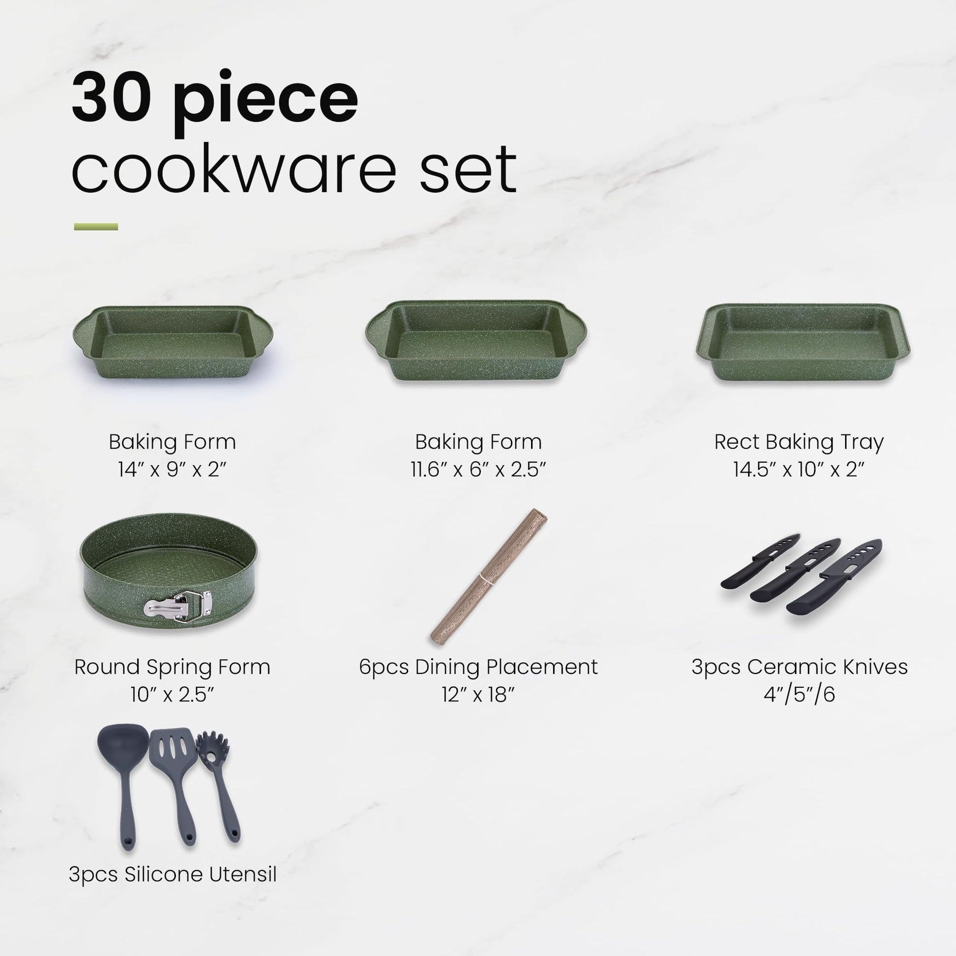 Kitchen Academy - Juego de ollas y sartenes antiadherentes, juego de utensilios de cocina de inducción de 30 piezas, juego de sartenes de cocina con revestimiento de granito verde