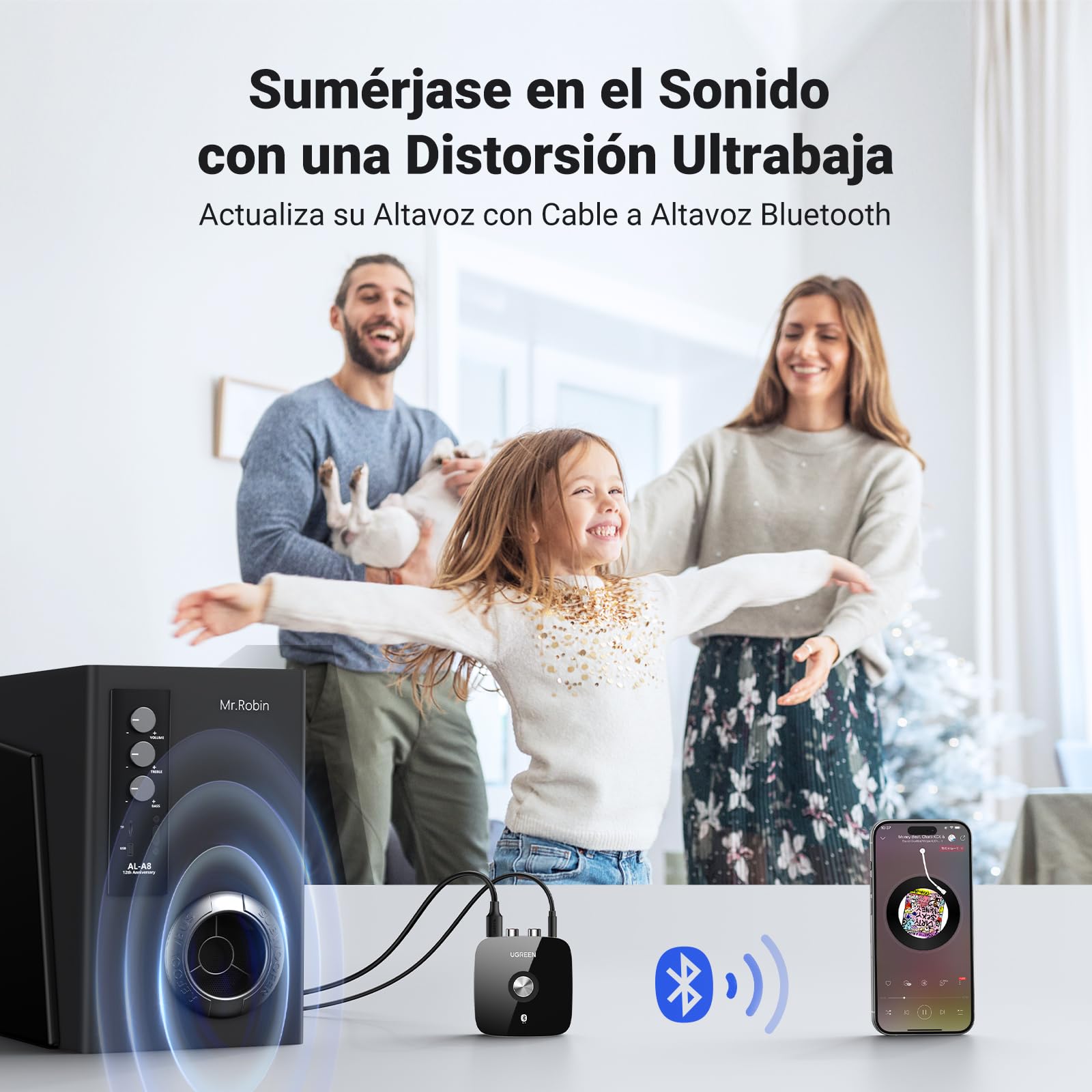 Receptor Bluetooth de Coche UGRRN Negro con Aux Dual Link Aptx HD para Teléfonos Inteligentes y Tabletas