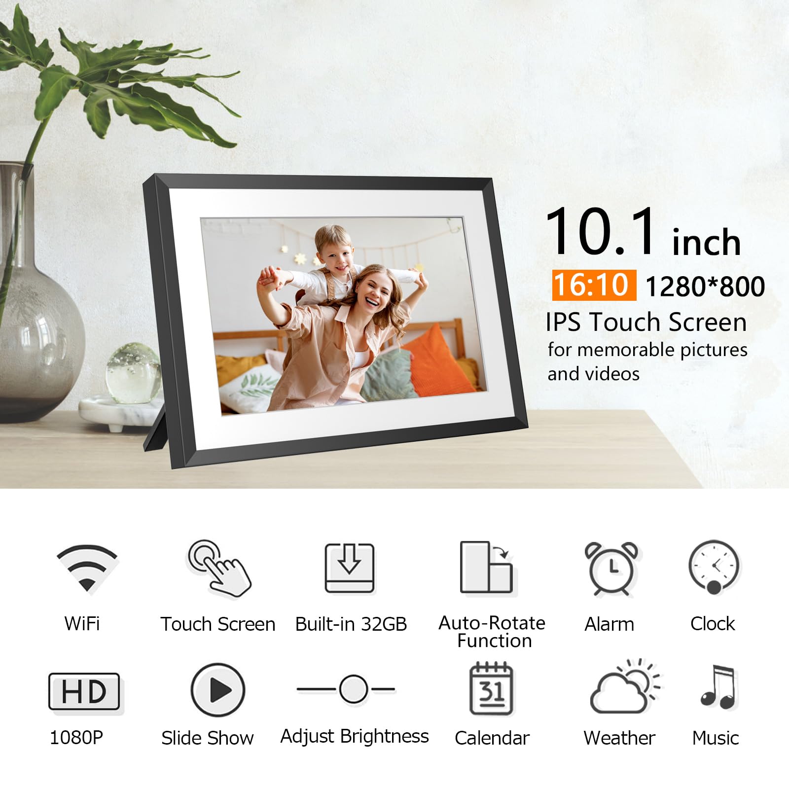 Marco de fotos digital WiFi de 32 GB de 25.65 cm con visualización táctil IPS HD de 1280 x 800, envía fotos o videos a través de la aplicación o correo electrónico, compatible con unidad