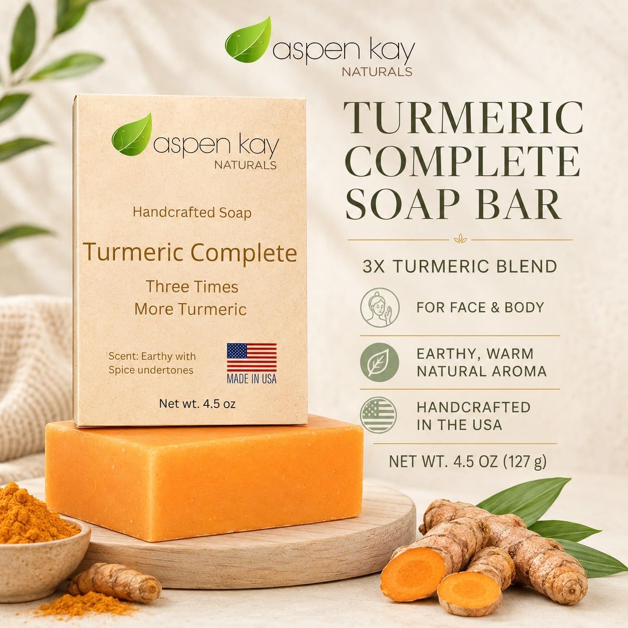 Organic Turmeric Soap - 100% Natural and Organic - Loaded with Organic Turmeric. Gentle Soap. 4.5oz Bar.