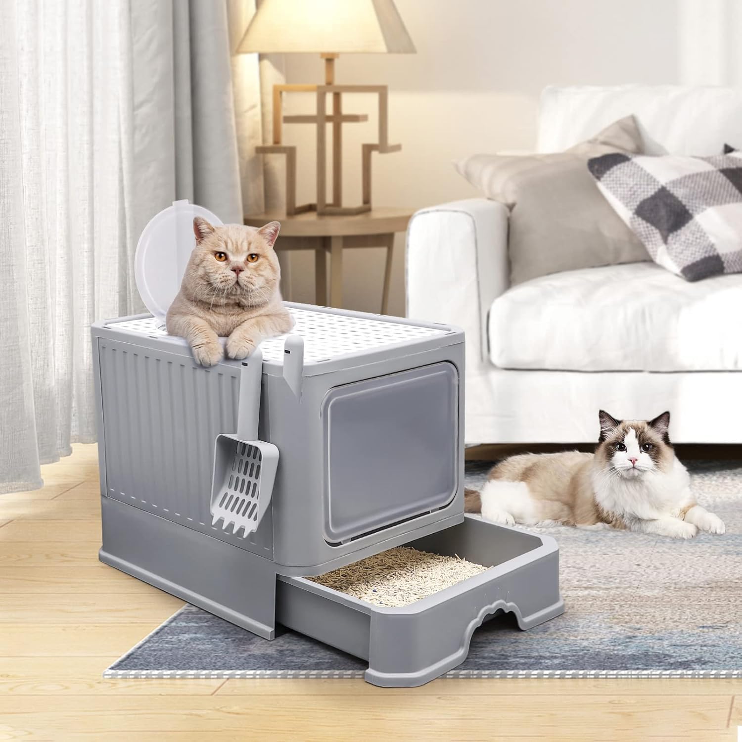 Arenero para Gato Cerrada: Removibles Plegable Arenero 50*40*40cm,Gran Caja de Arena para Gatos,Antiolor Prueba de Salpicaduras,Facil de Limpiar,con Puertas y Entradas Cubiertas Incluye Pala (Gris)