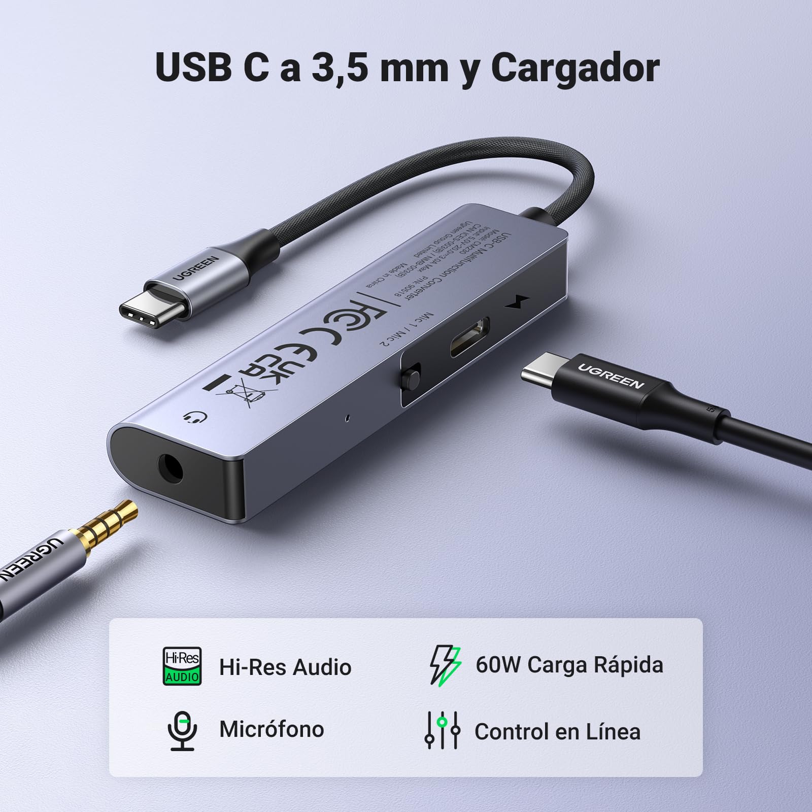 UGREEN Adaptador USB C a Jack 3.5 mm, 60W PD Carga Rápida, Hi-Res Certificado HiFi Adaptador Auriculares Tipo C Compatible con iPhone 15/Galaxy S23 ultra/22/21, Huawei P40, Xiaomi 12/11