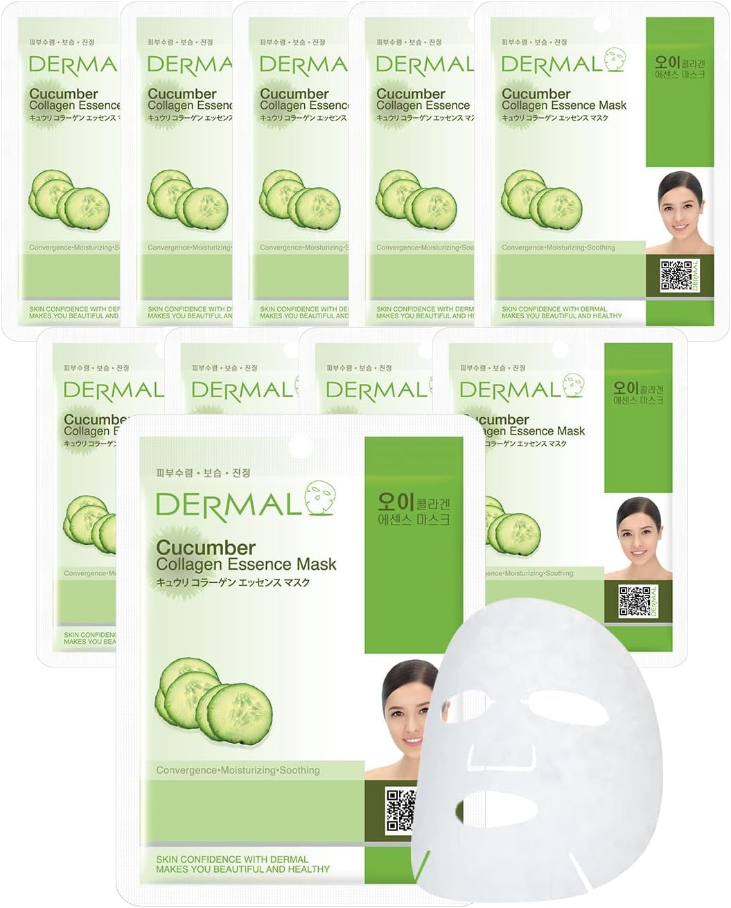 DERMAL Korea 10 Mascarillas Cucumber con Pepino, Colágeno y Vitamina E