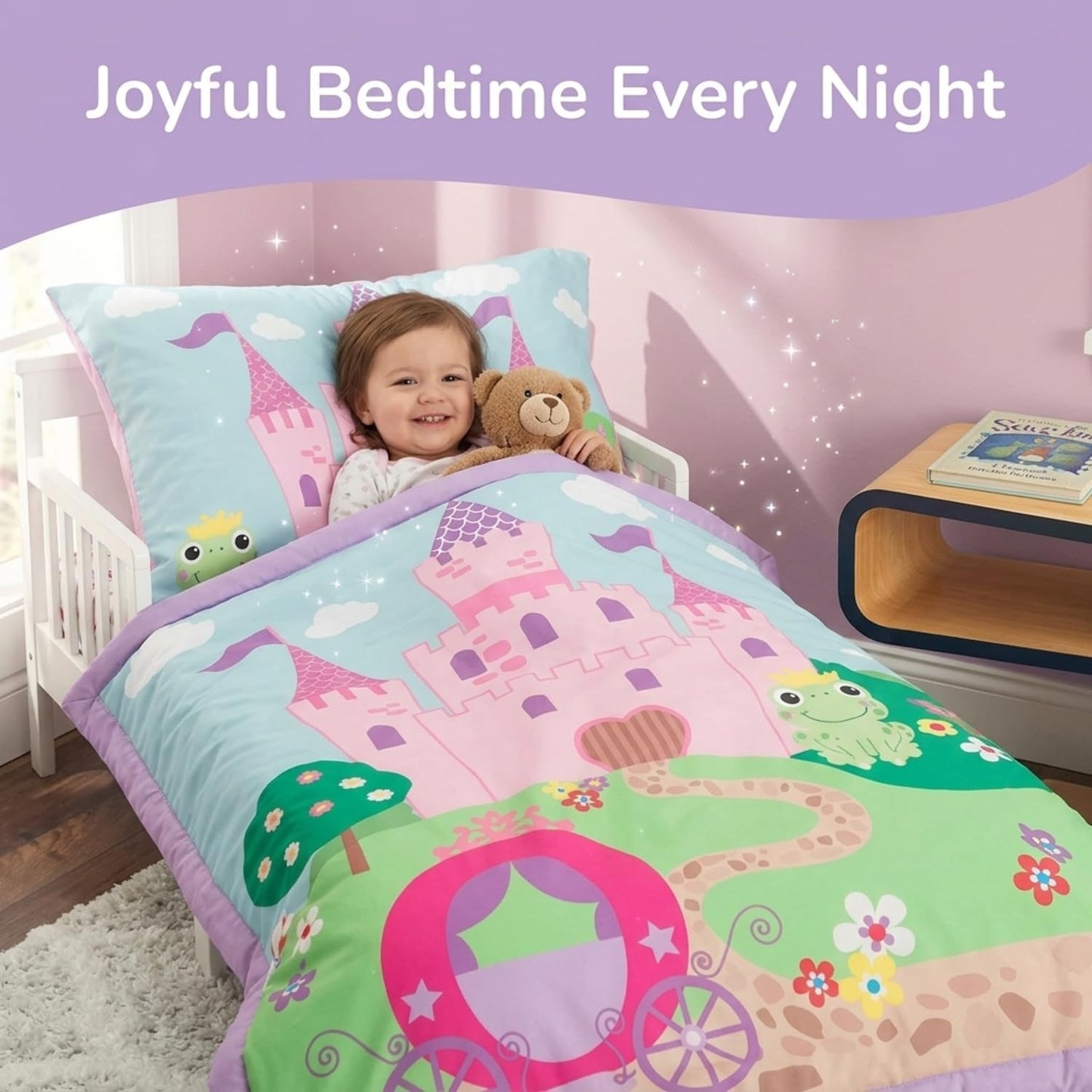 Everyday Kids - Juego de ropa de cama de 4 piezas para niños pequeños - Princess Storyland - Incluye edredón, sábana encimera, sábana bajera ajustable y funda de almohada reversible