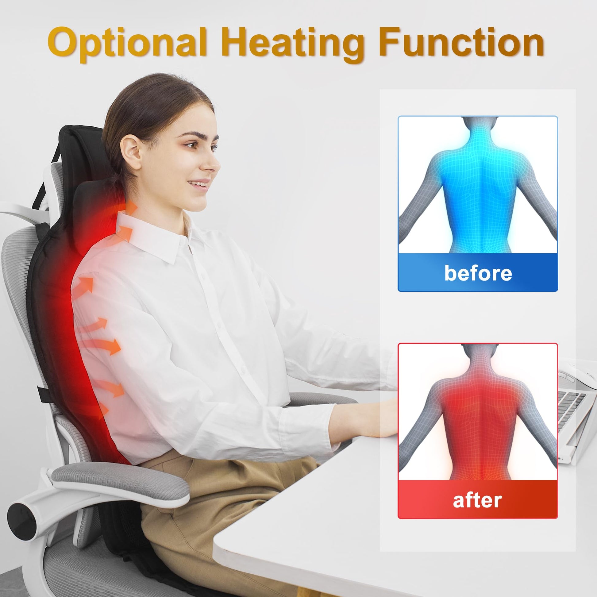 comrelax Masajeador de Espalda con Calor para aliviar el Dolor de Tejido Profundo, cojín de Asiento de masajeador de Silla portátil con Masaje de vibración, Almohadilla de Silla de Masaje de Espalda