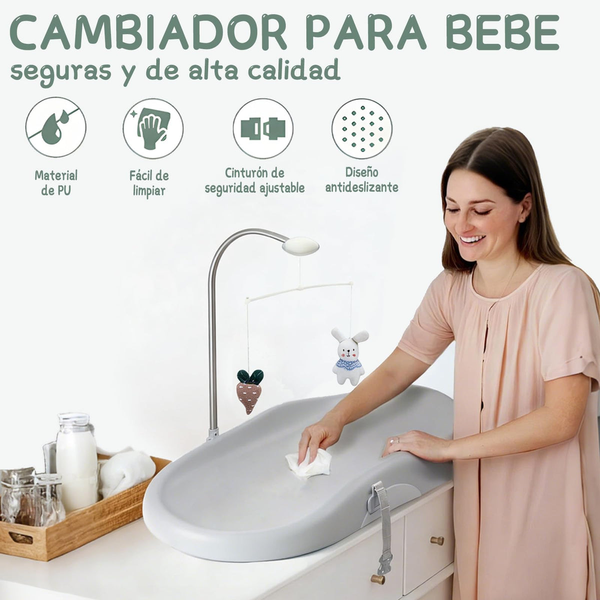 Cambiador para Bebe Lavable E Impermeable 74x44.5cm,Con Correas de Seguridad Suave,Antideslizantes Y Ajustables,Cambiador de Pañales para Bebe para Cambiar Pañales,Ropa,Aplicar Crema Hidratante (Beige)