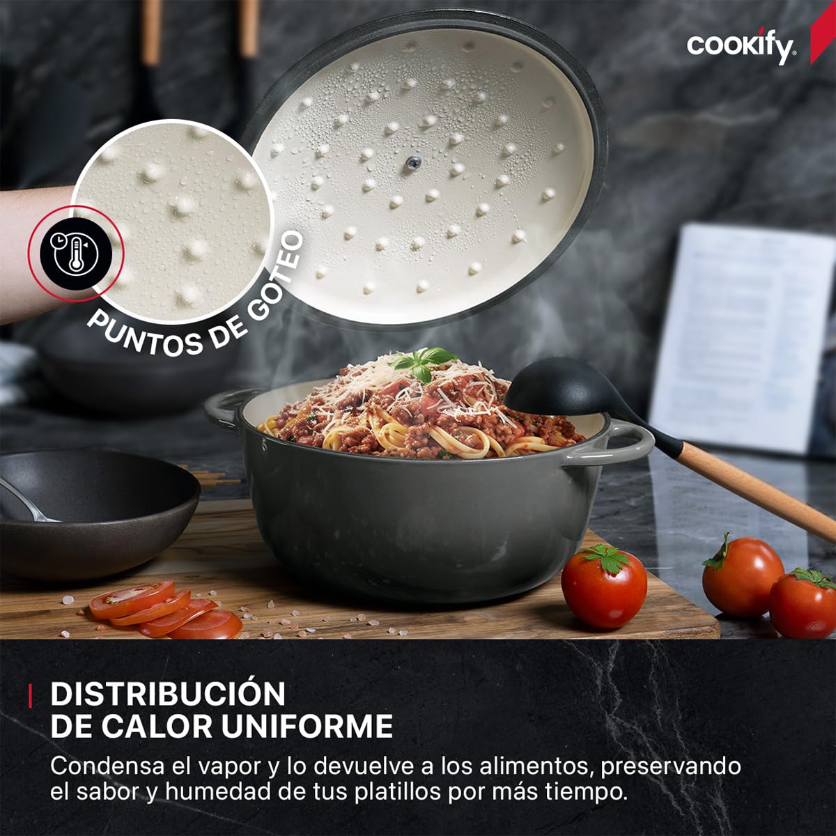 Cookify Olla de Hierro Fundido Esmaltado para Horno y Estufa, Horno Holandés Capacidad 4 Litros Dutch Oven (Gris, 24.8 cm)