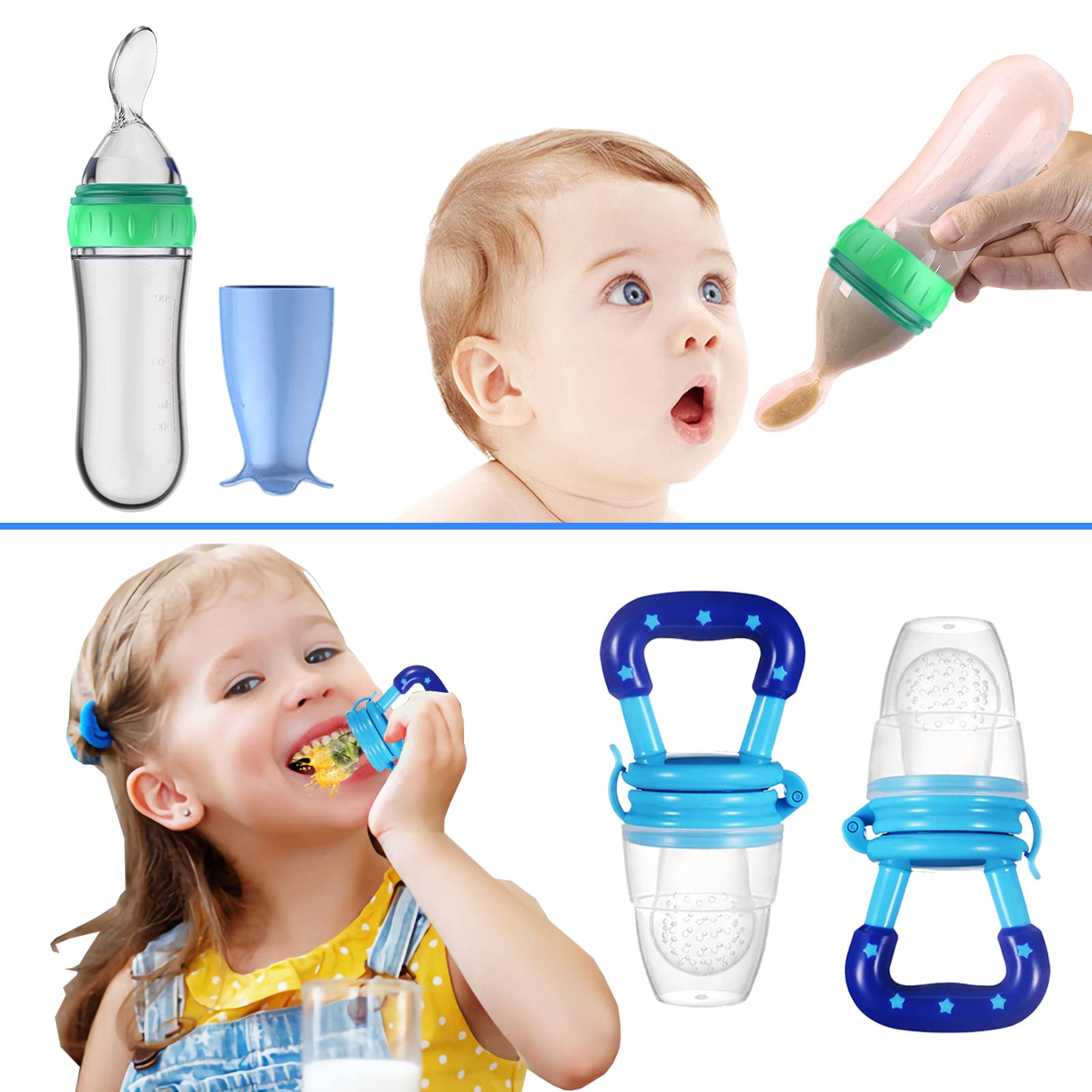 Juego de Chupón Alimentador para Bebé, Azul, de Silicona Libre de BPA