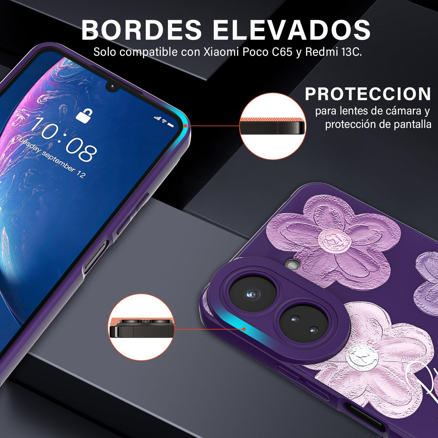 Threehao Funda para Xiaomi Poco C65 y Redmi 13C 4G Case Uso Rudo, Ultra Delgado Flexible Morada Suave TPU Silicona Carcasa con Moda Aesthetic Dibujos Flores, Antigolpes Anti-arañazos Protectora