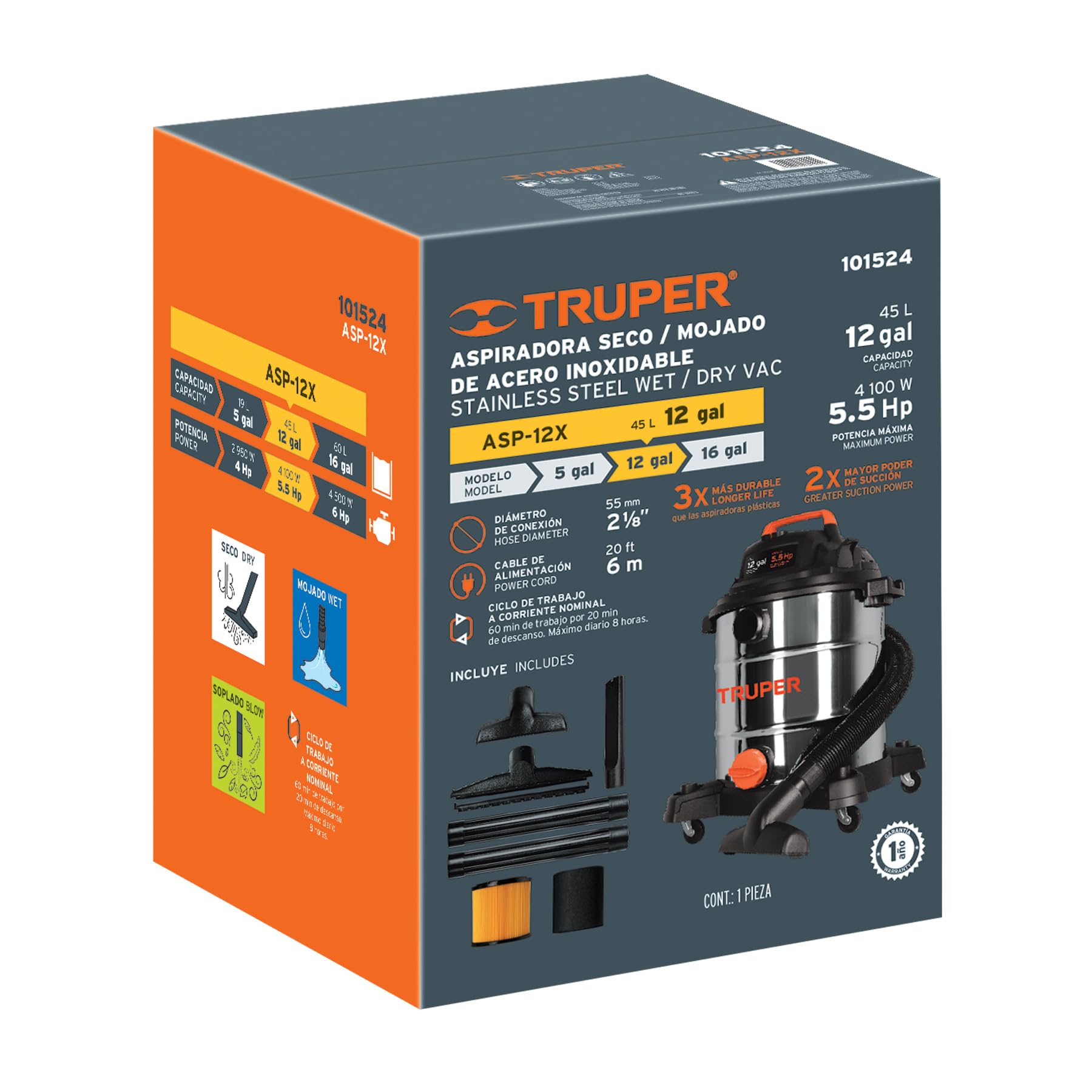 Aspiradora Truper Acero Inox Sólidos y Líquidos 12 GAL