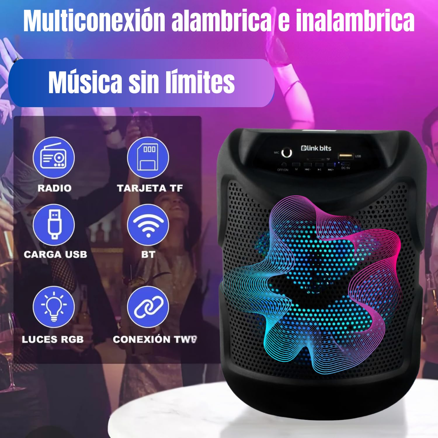 LINK BITS SA693T Bocina Bluetooth 6.5 Pulgadas, Radio FM Altavoz Inalámbricos Portátiles, Graves Potentes, Tarjeta TF, Reproducción USB, bafle Karaoke para Fiesta con Luz Led, Recargable Speaker.