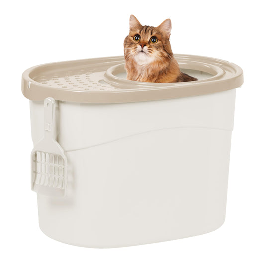 IRIS USA Caja de Arena para Gatos de Entrada Superior Redonda y Sencilla Grande con Pala, Bandeja de Arena Curva con Cubierta que Captura Partículas de Arena y Paredes de Privacidad, Blanco/Beige
