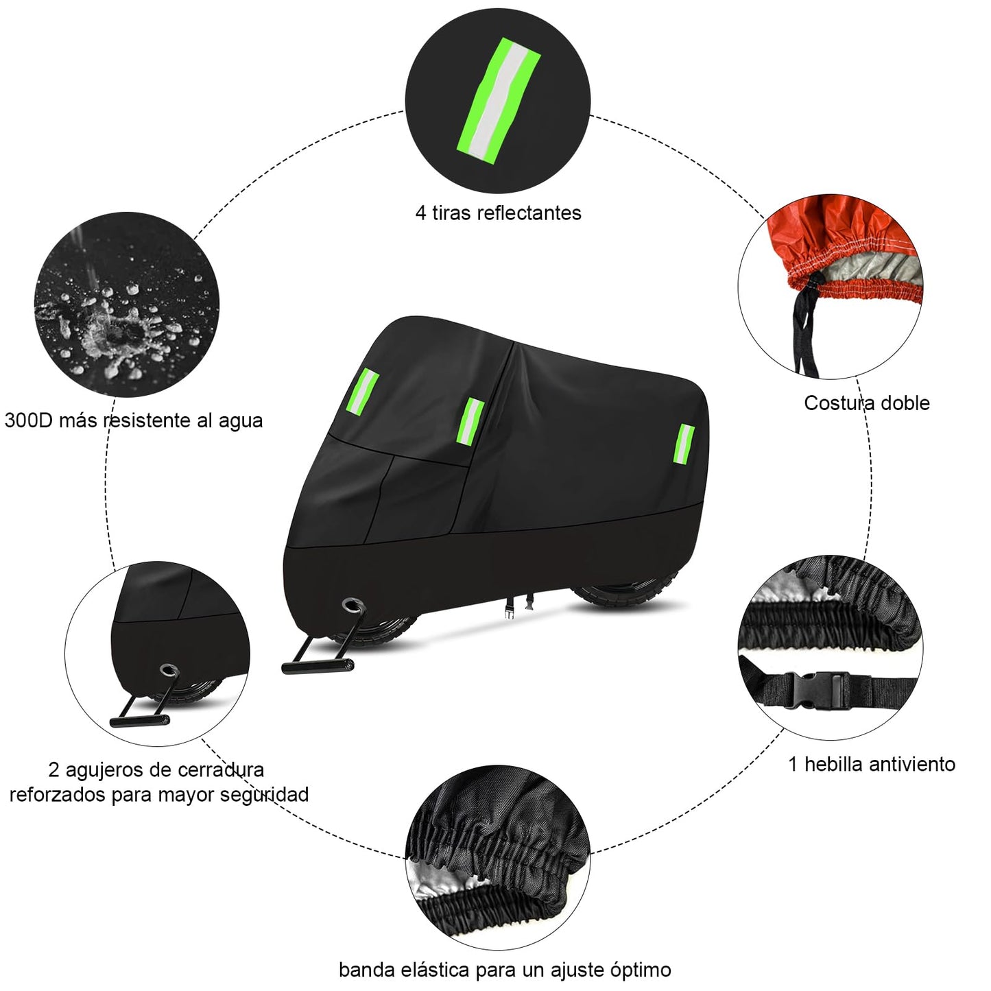 Funda Cubierta Impermeable para Motocicletas, con Tiras Reflectantes y Orificios para Cerradura, Protege contra El Polvo, La Lluvia y La Resina, para Motocicletas como Honda, Yamaha, Suzuki, Harley