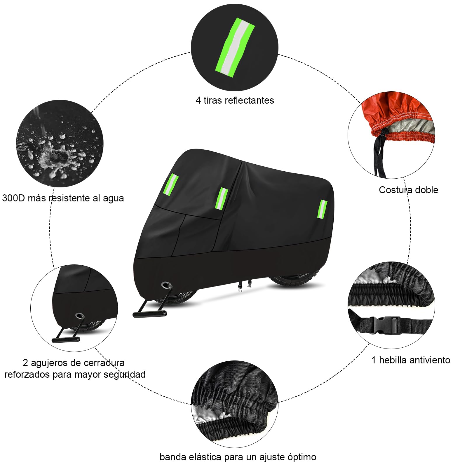 Funda Cubierta Impermeable para Motocicletas, con Tiras Reflectantes y Orificios para Cerradura, Protege contra El Polvo, La Lluvia y La Resina, para Motocicletas como Honda, Yamaha, Suzuki, Harley