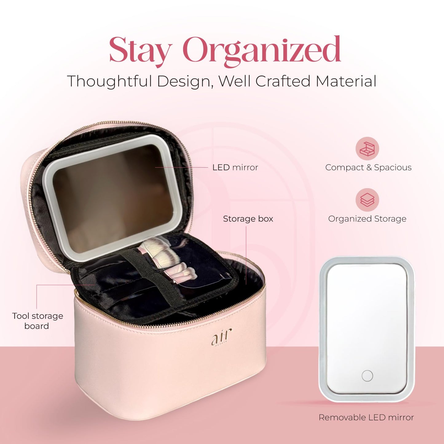 Air Beauty - Bolsa de maquillaje de piel rosa, estuche de viaje para cosméticos con cierre de cierre