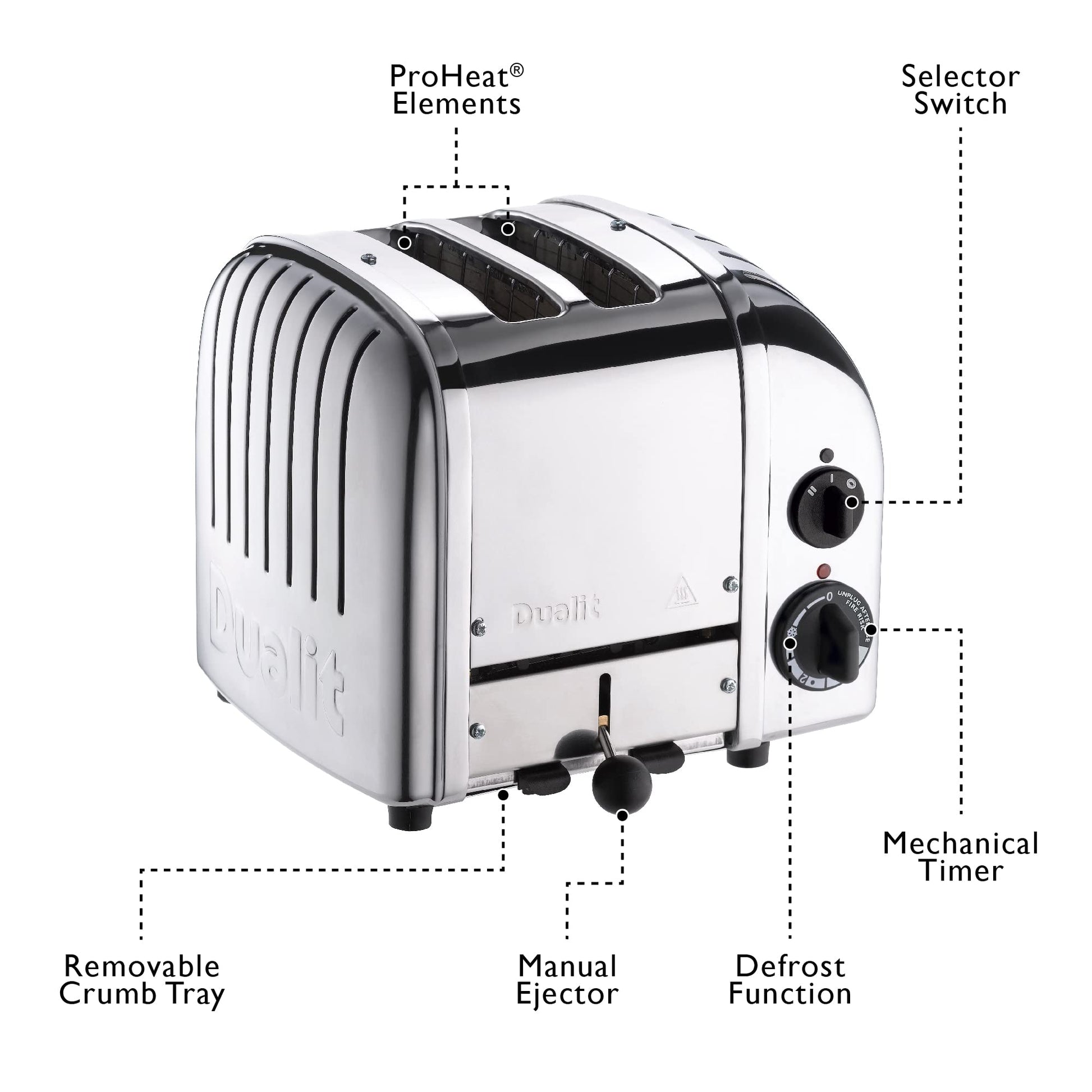 Dualit Classic - tostador NewGen de 2 rebanadas - Acero inoxidable - Construido a mano en el Reino Unido - Elementos ProHeat reemplazables - Descongelar pan - Temporizador mecánico - tostador clásica