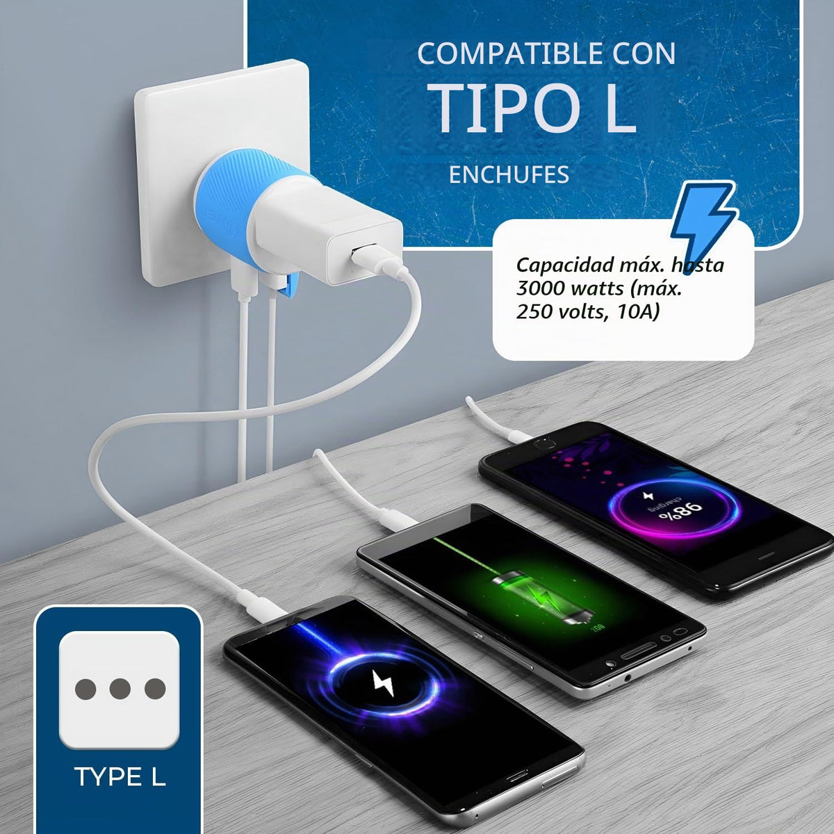Adaptador de Enchufe de Viaje Orei Azul con Protección USB Dual Tipo L para Italia
