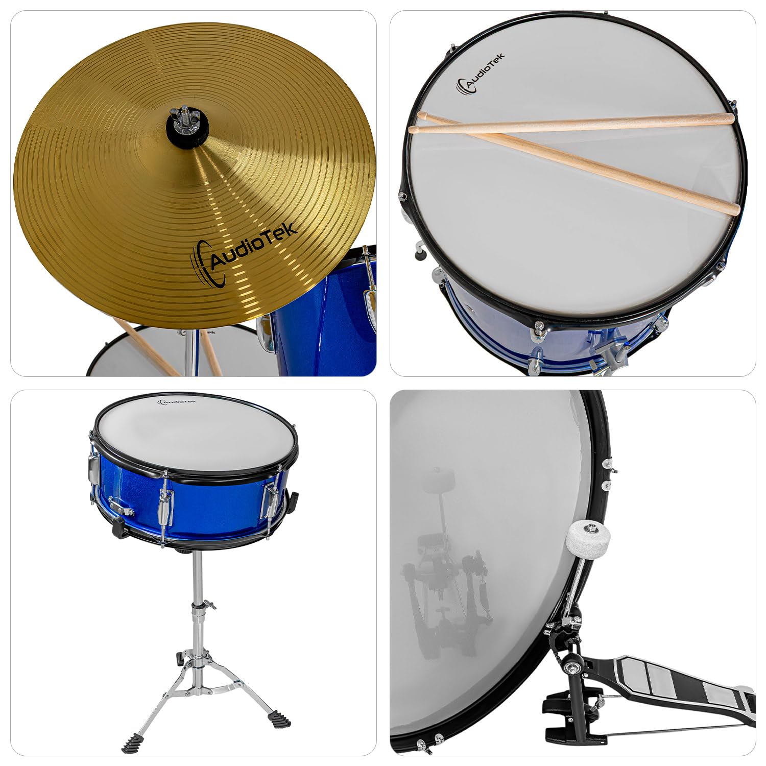 AUDIOTEK Bateria Acustica 5 Piezas Completo Platillos Atriles Bombo 23 Pulgadas Toms Redoblante Tambor de Piso Baquetas Incluidas Kit Musical Semi Profesional para Principiantes y Adultos (Azul)