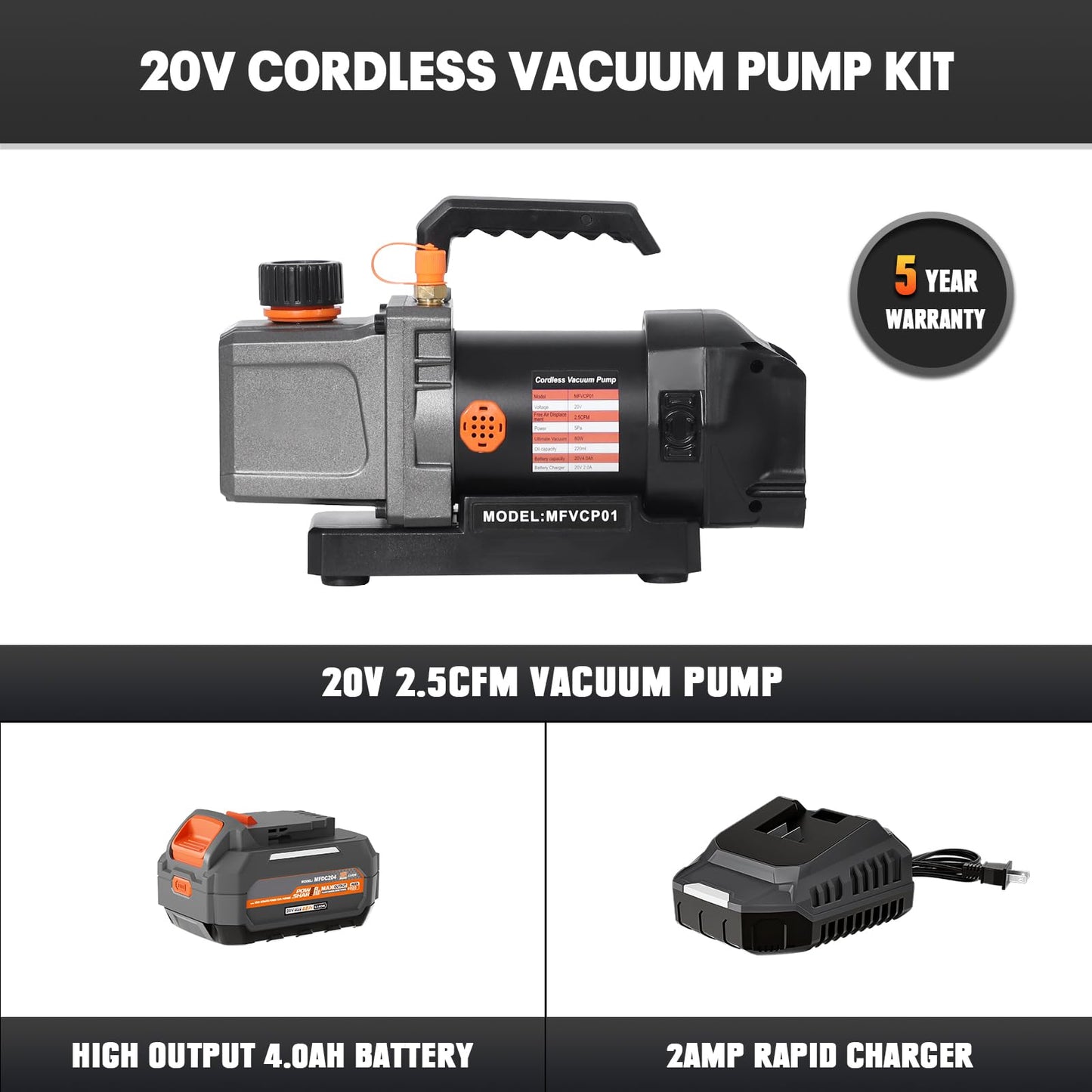 Kit de bomba de aspiradora inalámbrica de 2.5 CFM compatible con batería Dewalt de 20 V máximo, 80 W de una sola etapa, alimentado por batería, con batería de 4.0 Ah, botella de aceite de 220 ml