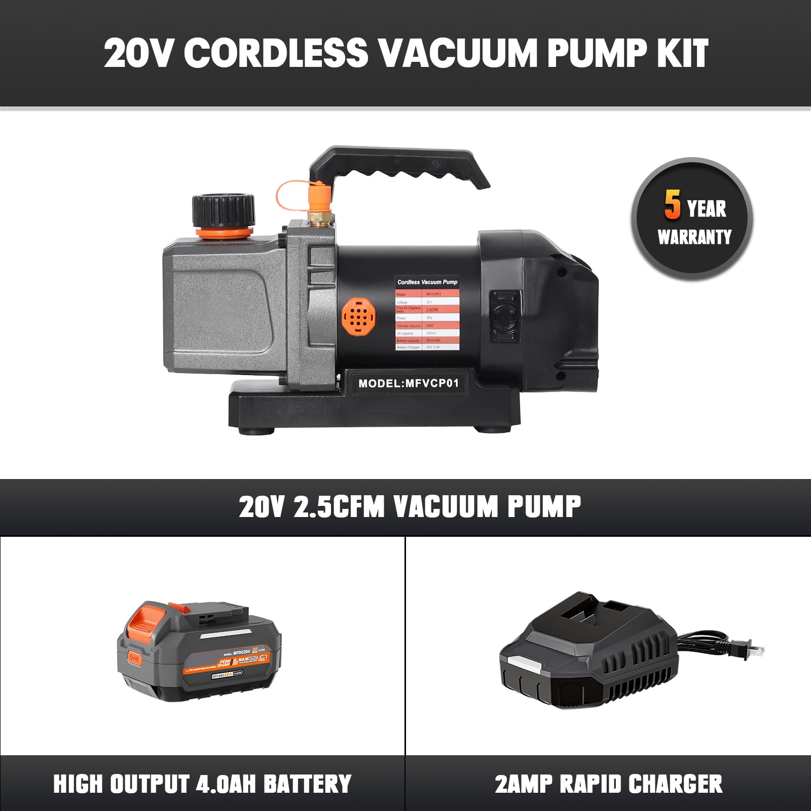Kit de bomba de aspiradora inalámbrica de 2.5 CFM compatible con batería Dewalt de 20 V máximo, 80 W de una sola etapa, alimentado por batería, con batería de 4.0 Ah, botella de aceite de 220 ml