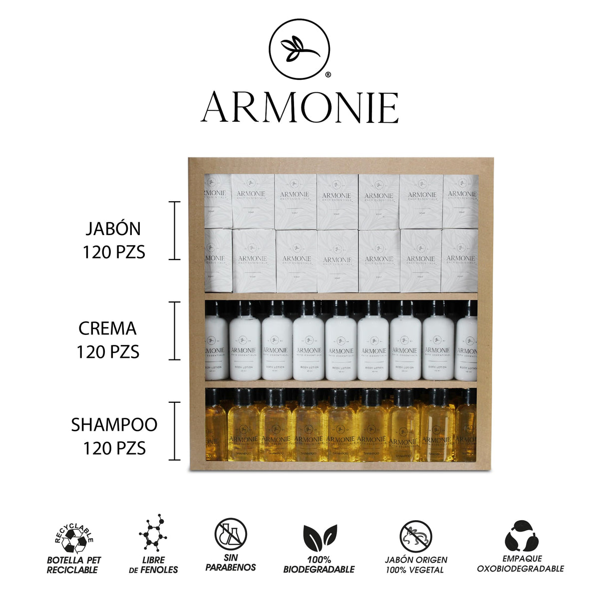 Caja de airbnb Armonie, Jabón, Shampoo y Crema, Amenidades Hoteleras, 360 Unidades