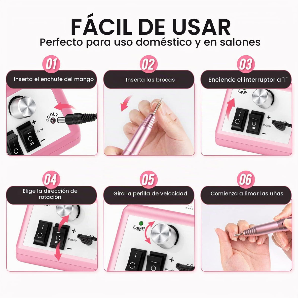 Kit de Manicura y Pedicura Máquina Taladro de Uñas Eléctrico Profesional con Limas y Bandas de Lijado Marca Finger Toe Nail Care Rosa