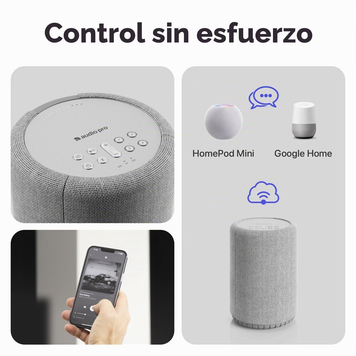 Altavoz Inalámbrico Audio Pro Gris Claro Multiroom Alta Fidelidad Montable en Pared Compatible con AirPlay 2 y Google Cast