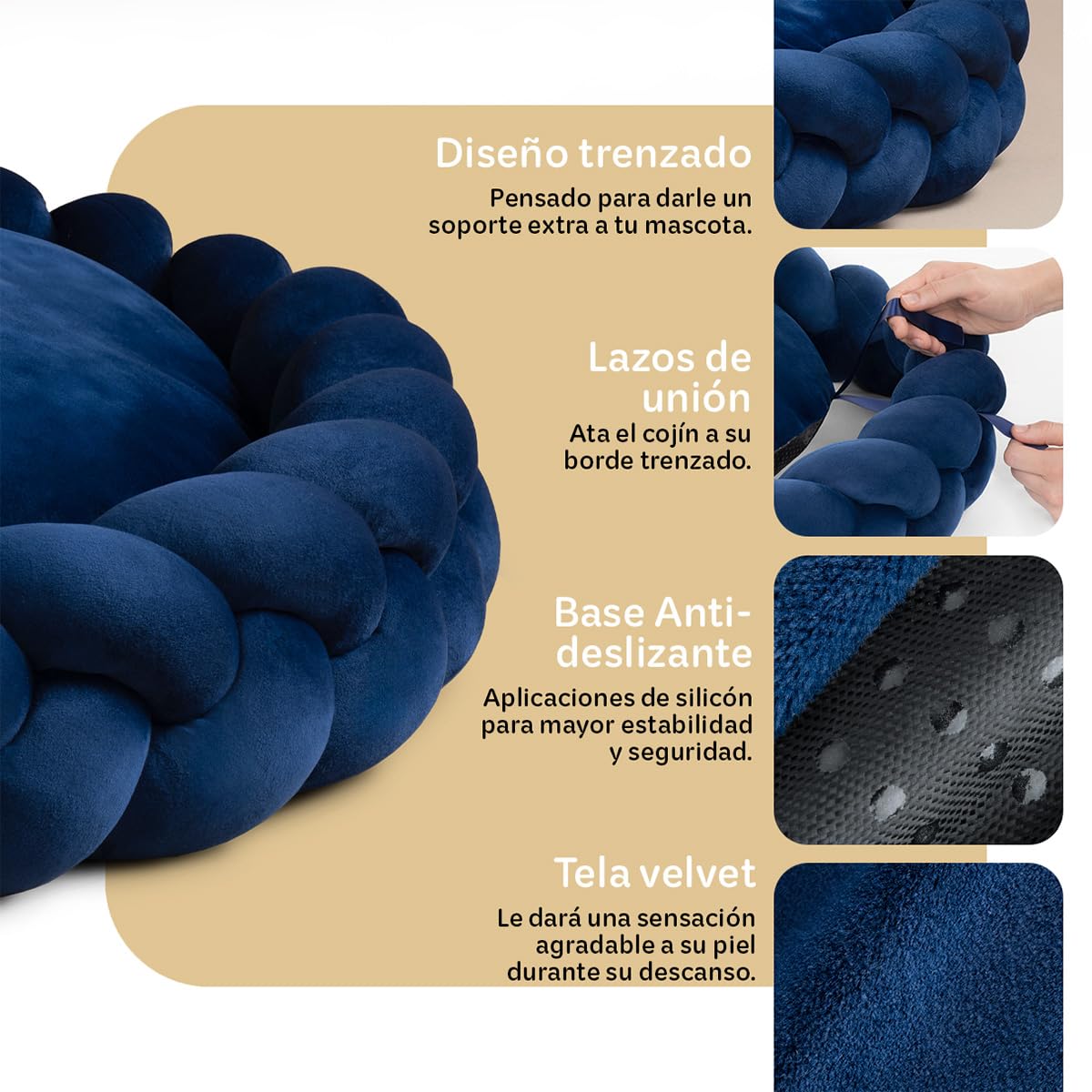 Cama Redonda Esquimal Azul Marino Mediana Trenzada y Lavable para Perro y Gato