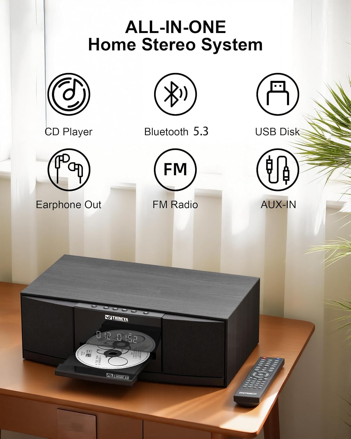 Reproductor de CD Bluetooth Sistema estéreo para el hogar, 36 W RMS, radio FM, control remoto