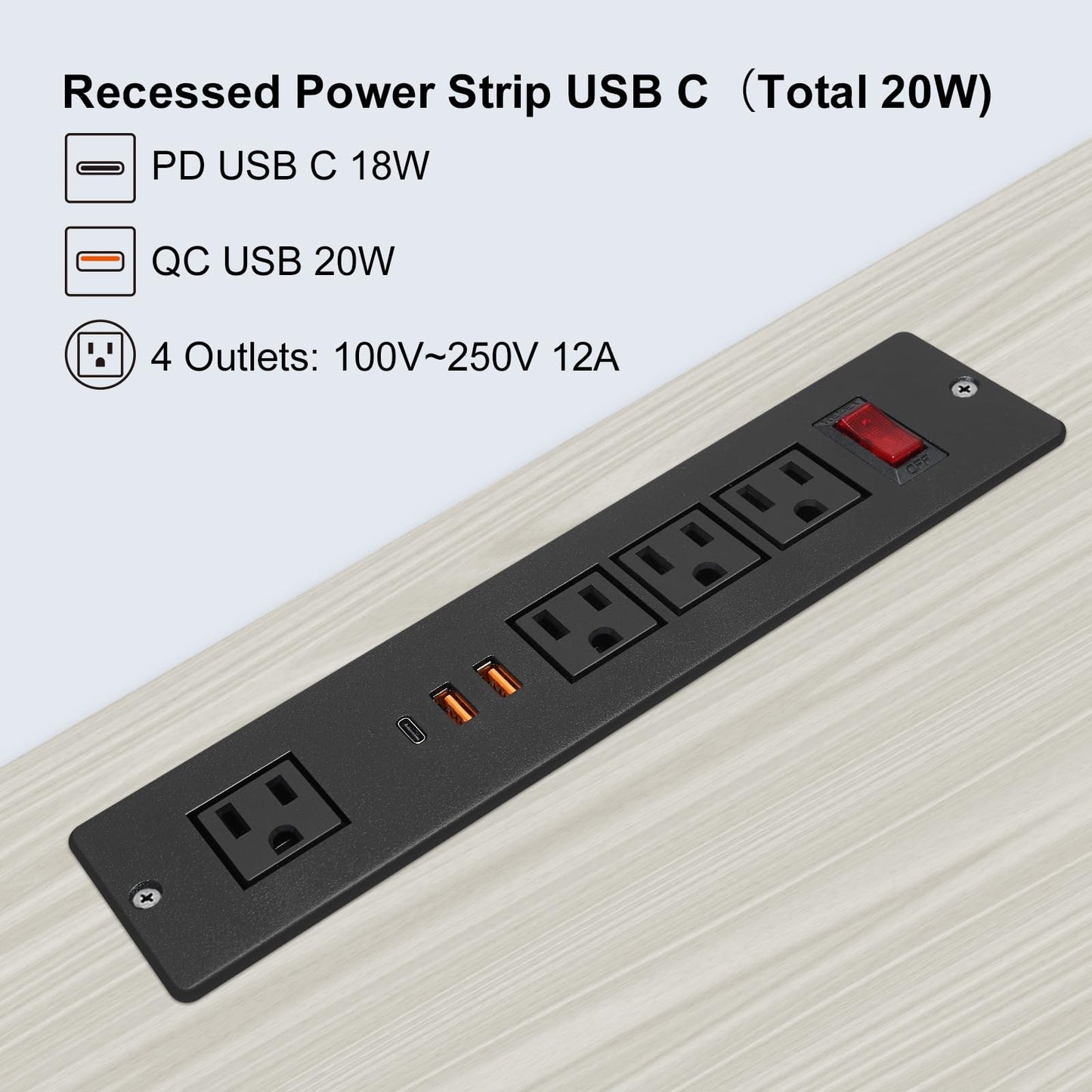 4 LEAF Multicontacto Empotrable con USB C 20W Carga Rápida, Regleta de Alimentación PD con Type c Enchufe 4 Tomas 3 USB (PD20W y QC18W, Total 20W) Puertos Negro