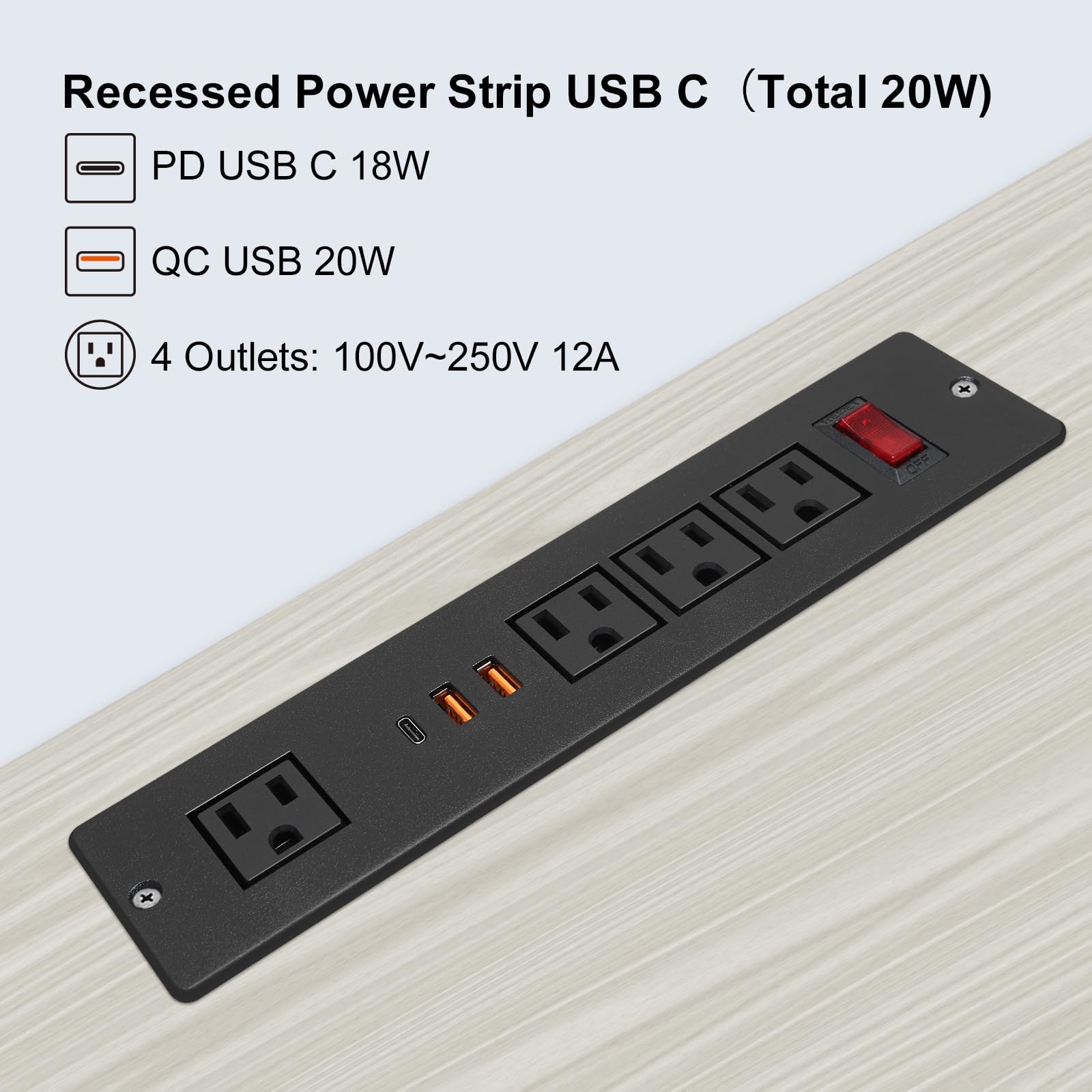 4 LEAF Multicontacto Empotrable con USB C 20W Carga Rápida, Regleta de Alimentación PD con Type c Enchufe 4 Tomas 3 USB (PD20W y QC18W, Total 20W) Puertos Negro