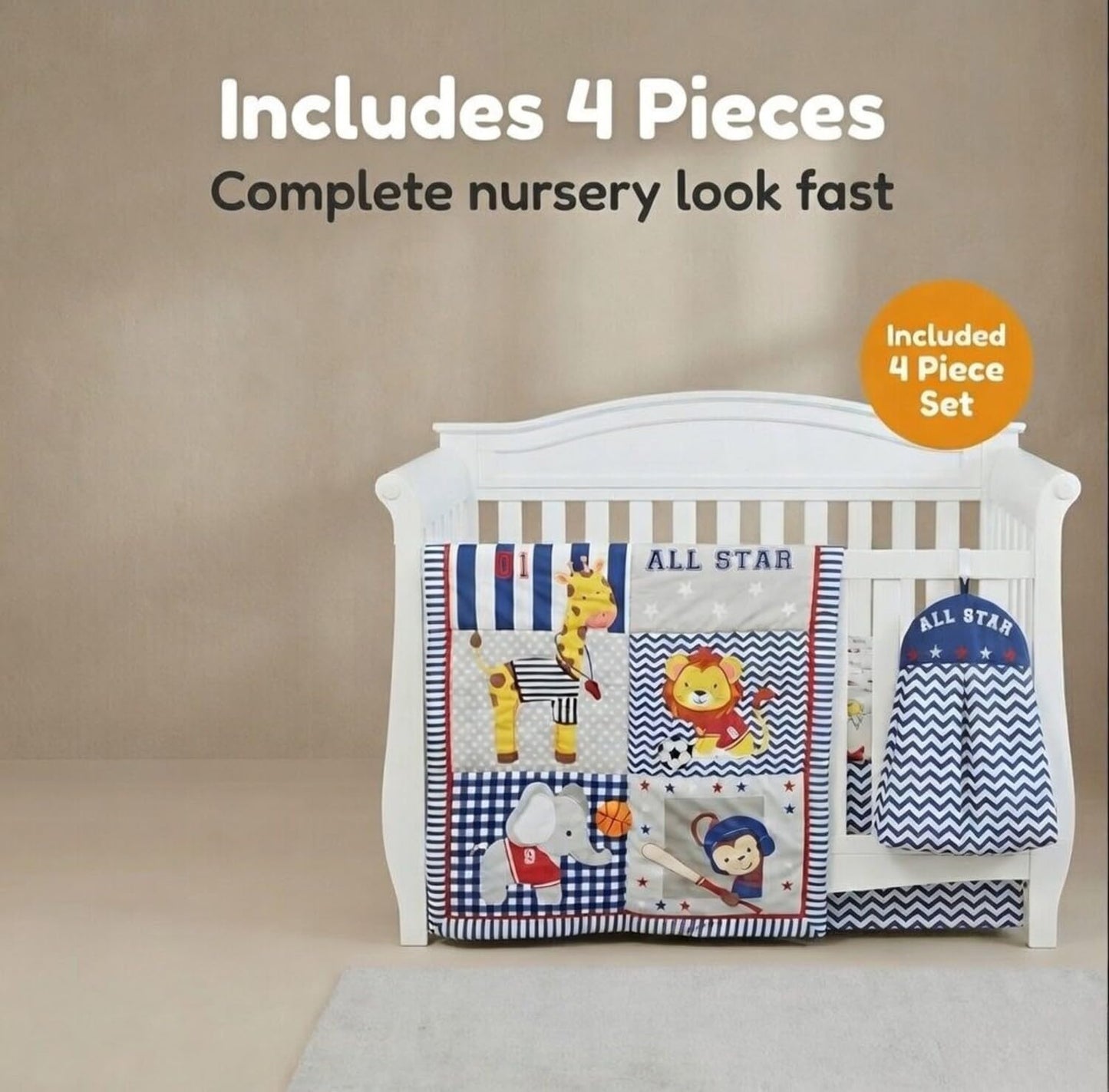 EVERYDAY KIDS - Juego de ropa de cama para cuna de 4 piezas para niños, diseño de selva, suave percal 100% algodón, incluye edredón, sábana bajera, volantes y apilador de pañales, juego de ropa de