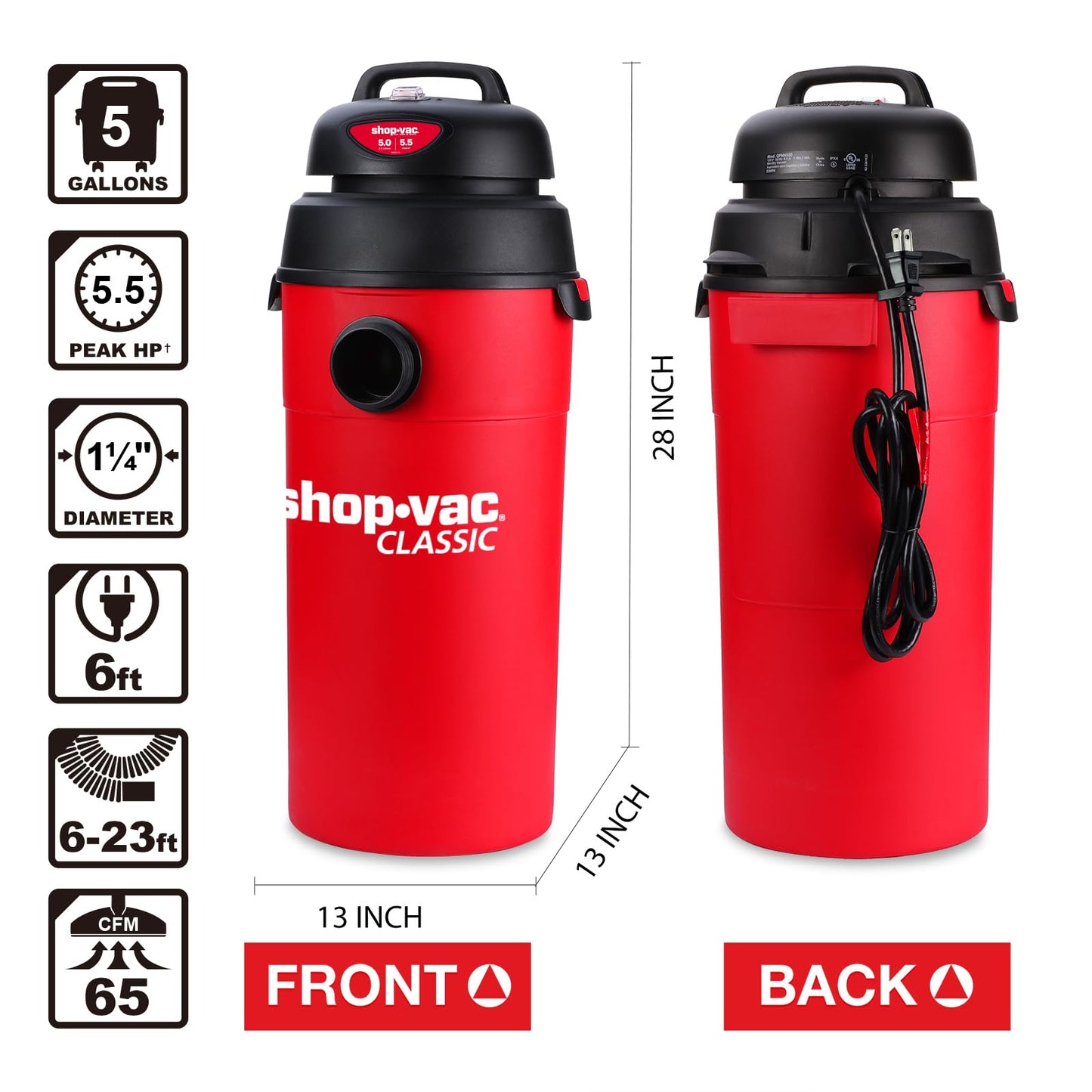 Aspiradora Shop-Vac 5 Galones Negra Compacta para Trabajo Húmedo y Seco