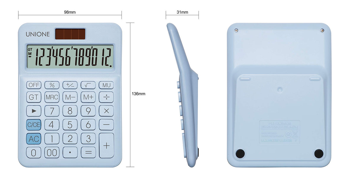 Calculadora UNIONE Azul con LCD Brillante y Doble Alimentación para Negocios, Oficina y Escuela