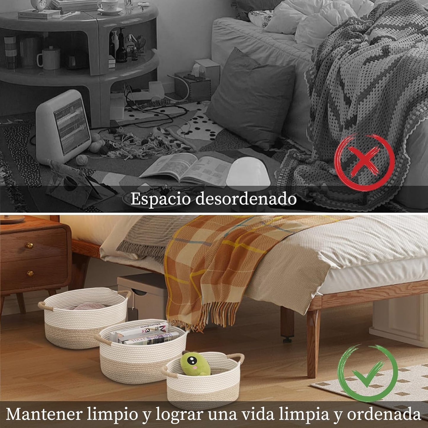 3 Canastas Organizadoras de Cuerda de Algodón Natural con Asas, Cestas Tejidas Multiusos para Ropa, Juguetes y Baño, Juego de 3 Tamaños, Decorativas para Dormitorio y Guardería (Caqui y Blanco)